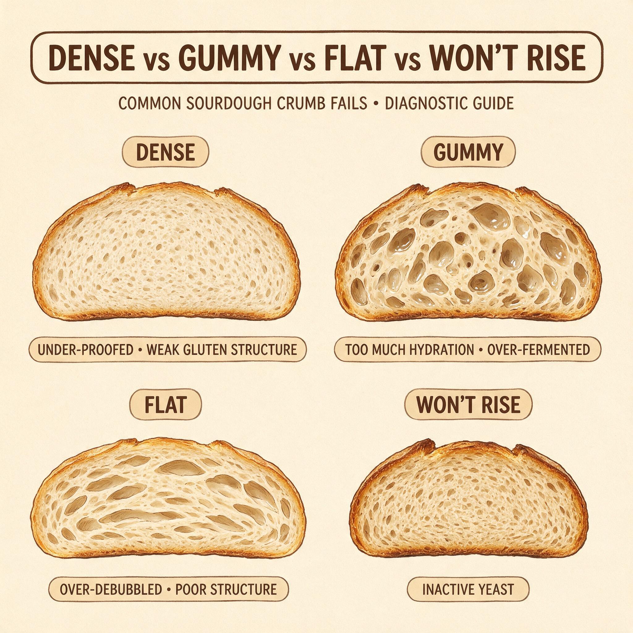 A clear diagnostic infographic titled 'DENSE vs GUMMY vs FLAT vs WON'T RISE' showing 4 cross-sections of crumb: dense (t