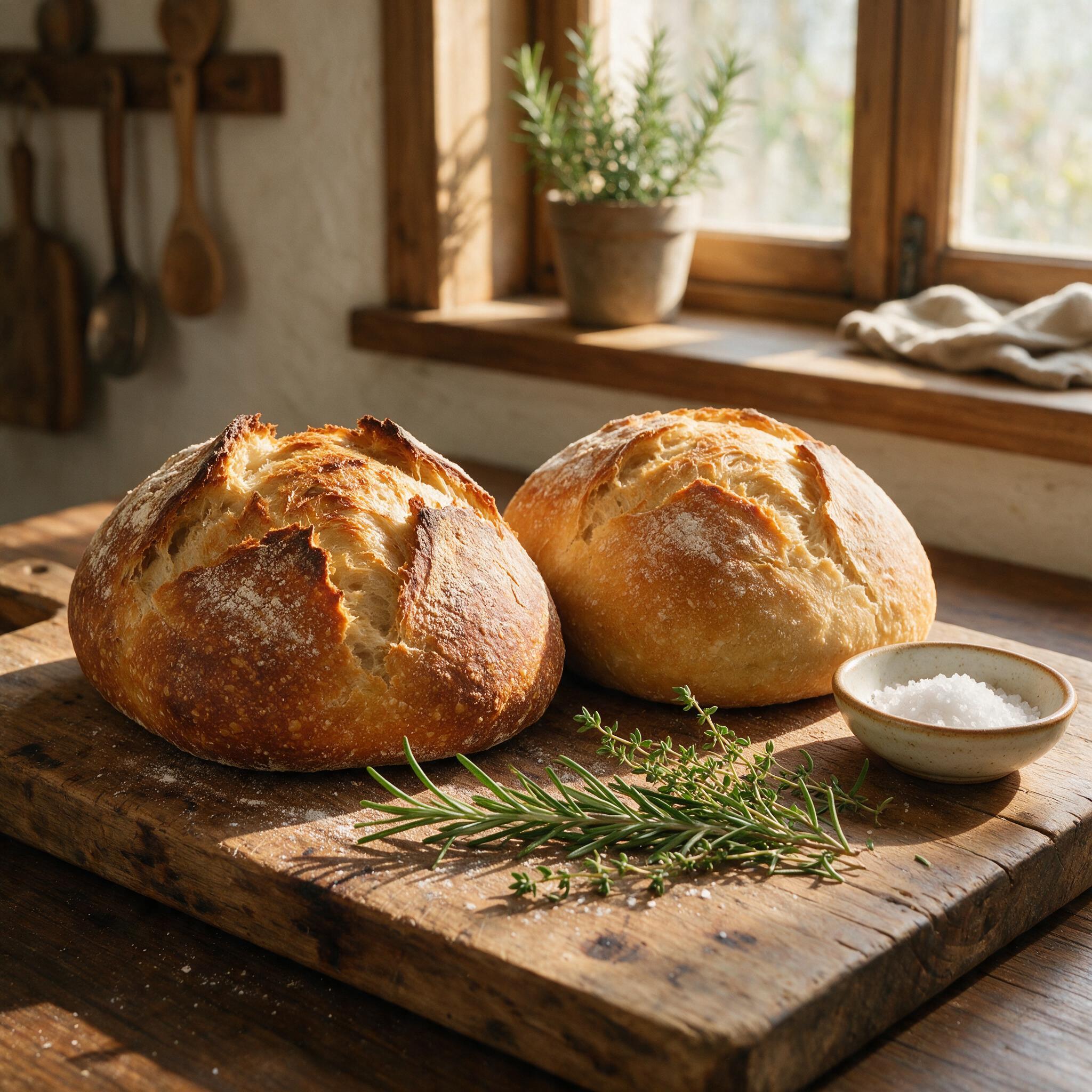 A still life of two sourdough loaves side by side on a wooden board: one with a deep tangy crust, one milder, with a sma