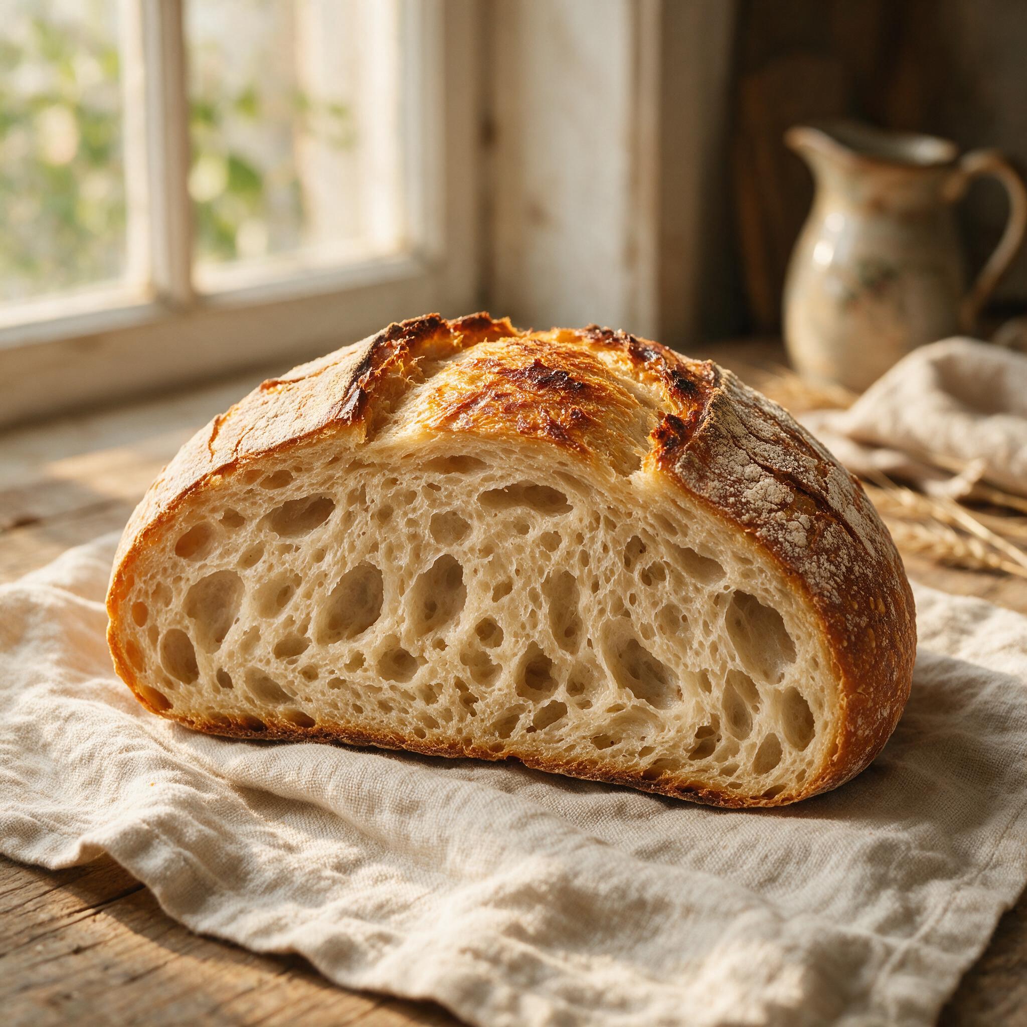 A close-up photograph of sourdough bread with visible air holes in the crumb, the texture soft and open, on a linen clot