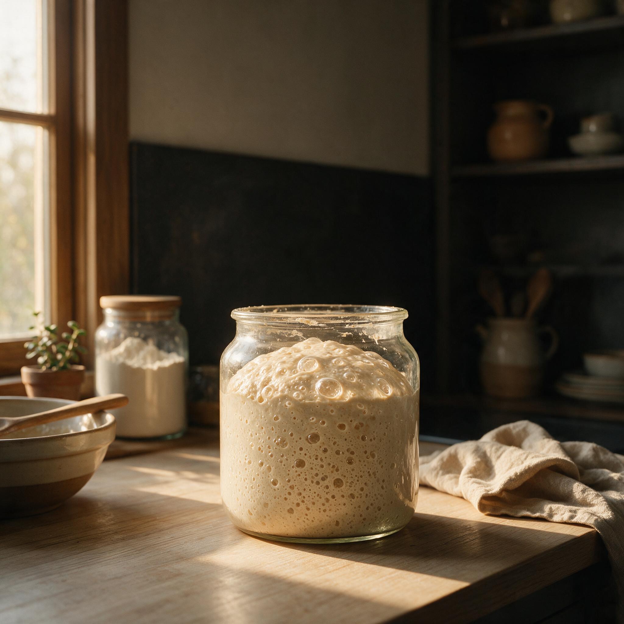 A moody photograph of a sourdough starter jar with visible bubbling and a slight domed surface, on a kitchen counter wit