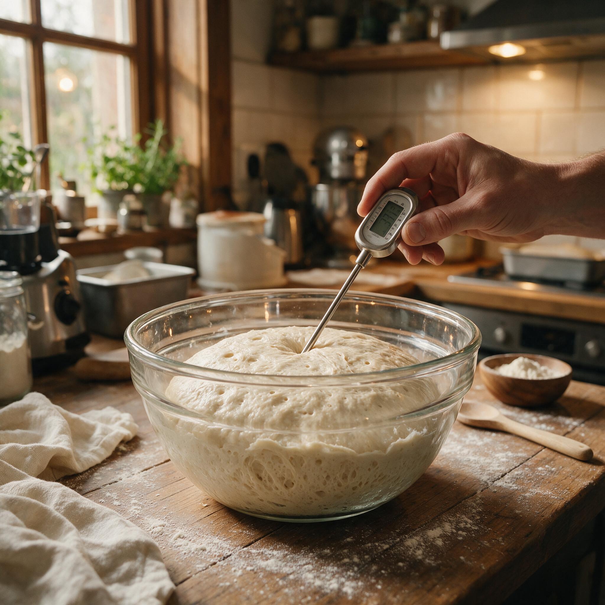 A photograph of a baker's hand using a thermometer to take dough temperature, the dough in a glass bowl showing the temp