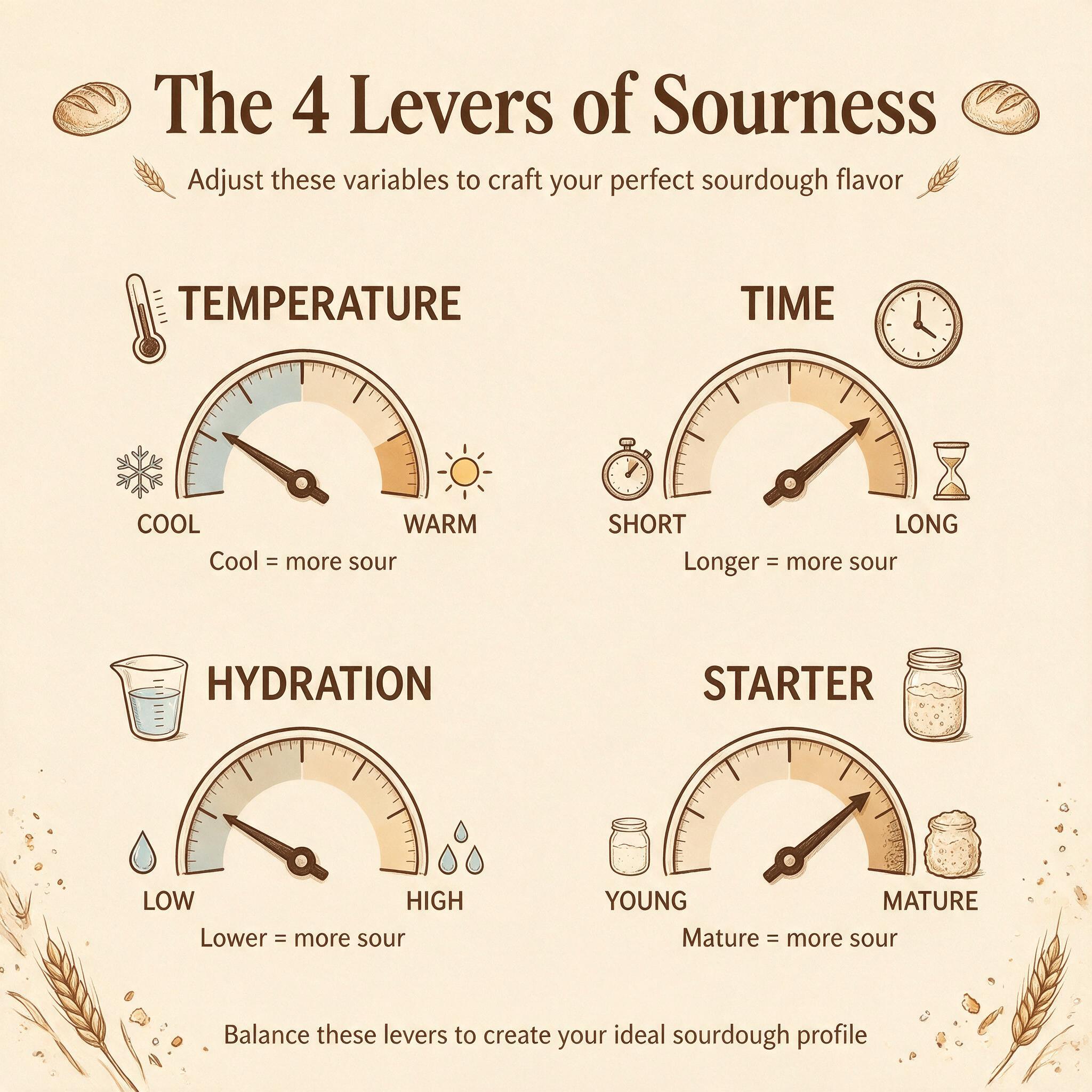 An infographic titled 'The 4 Levers of Sourness' showing 4 dials: temperature (cool/warm), time (short/long), hydration 