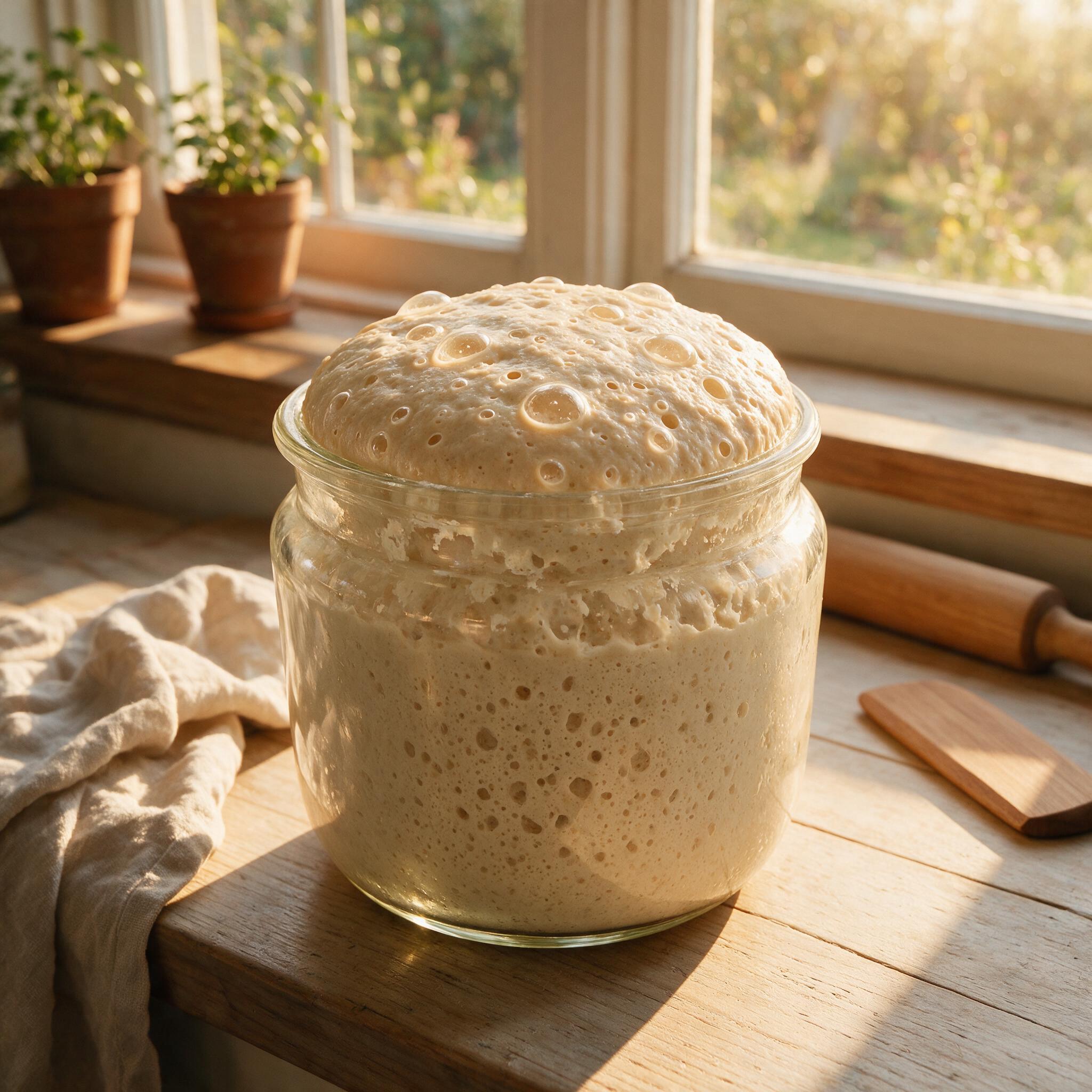 A close-up photograph of a sourdough starter in a glass jar, the surface showing a healthy dome with visible bubbles, wa