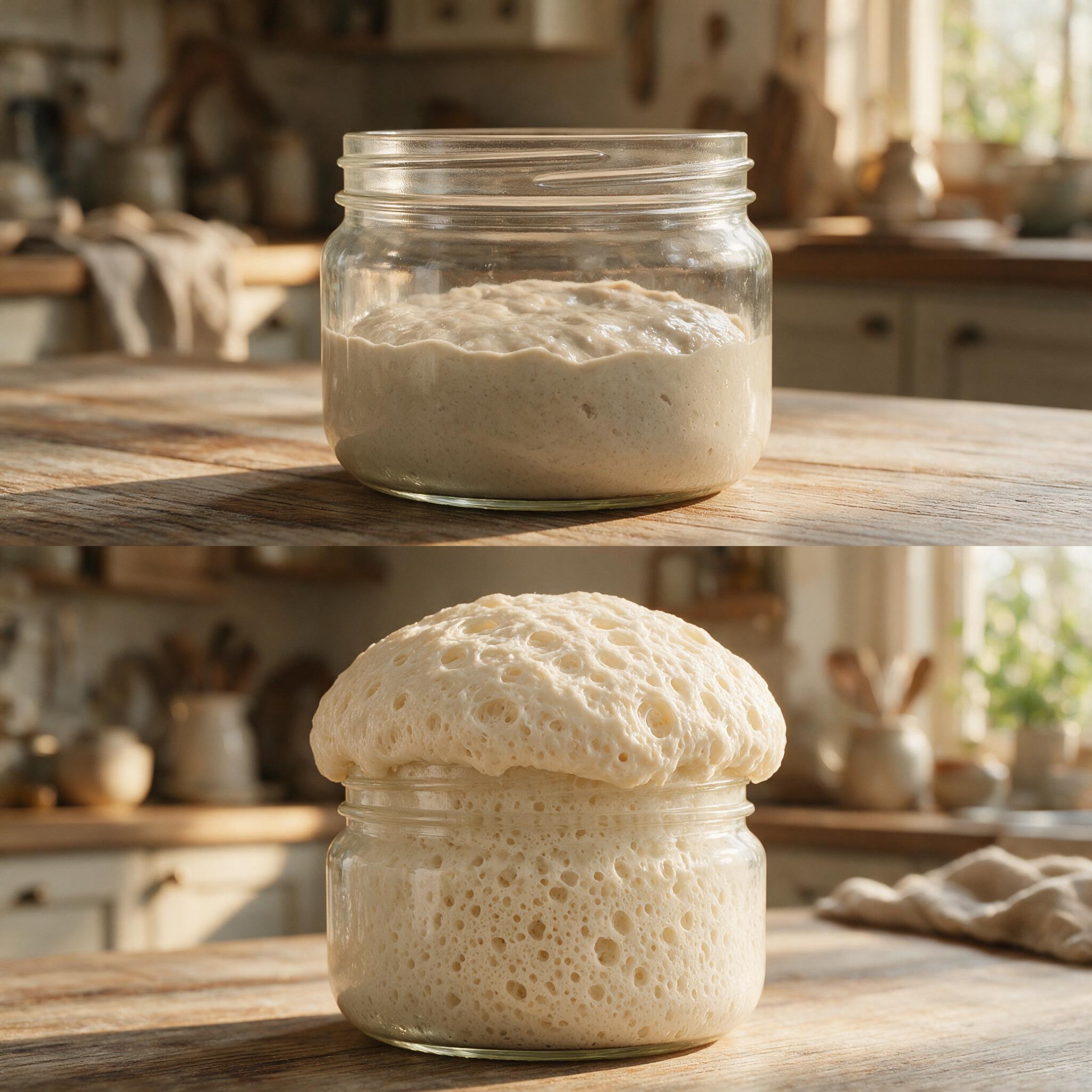 A split photograph: top half a flat dormant starter in a jar with no bubbles (labeled with a question mark by the visual