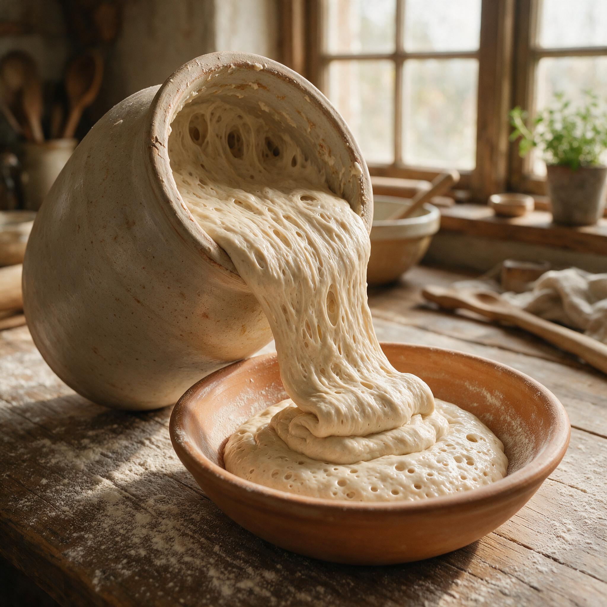 A close-up of sourdough starter being poured from a jar showing the thick stretchy texture, on a flour-dusted surface, w