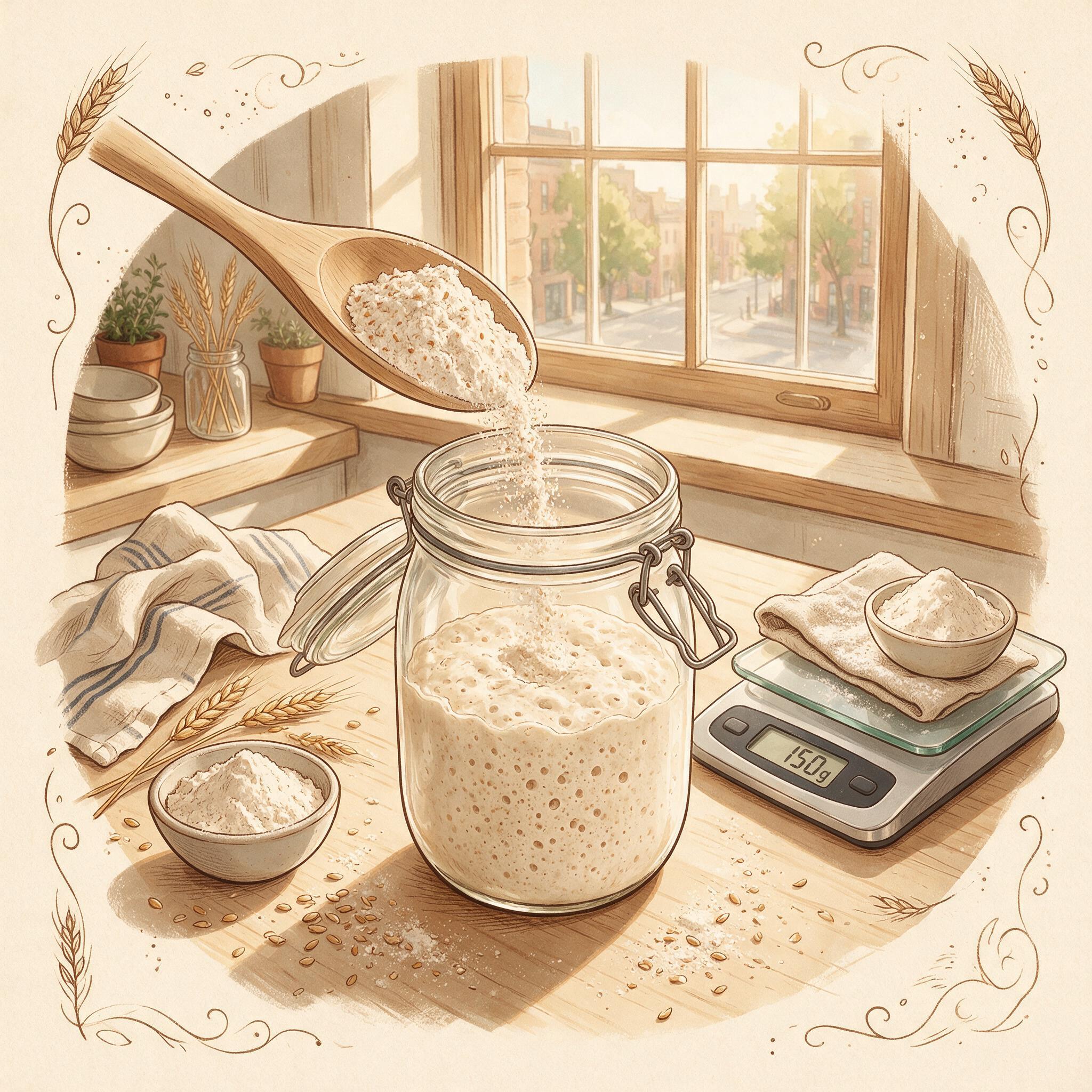 An overhead shot of a sourdough starter feeding ritual: flour being spooned into a jar with starter, a kitchen scale sho