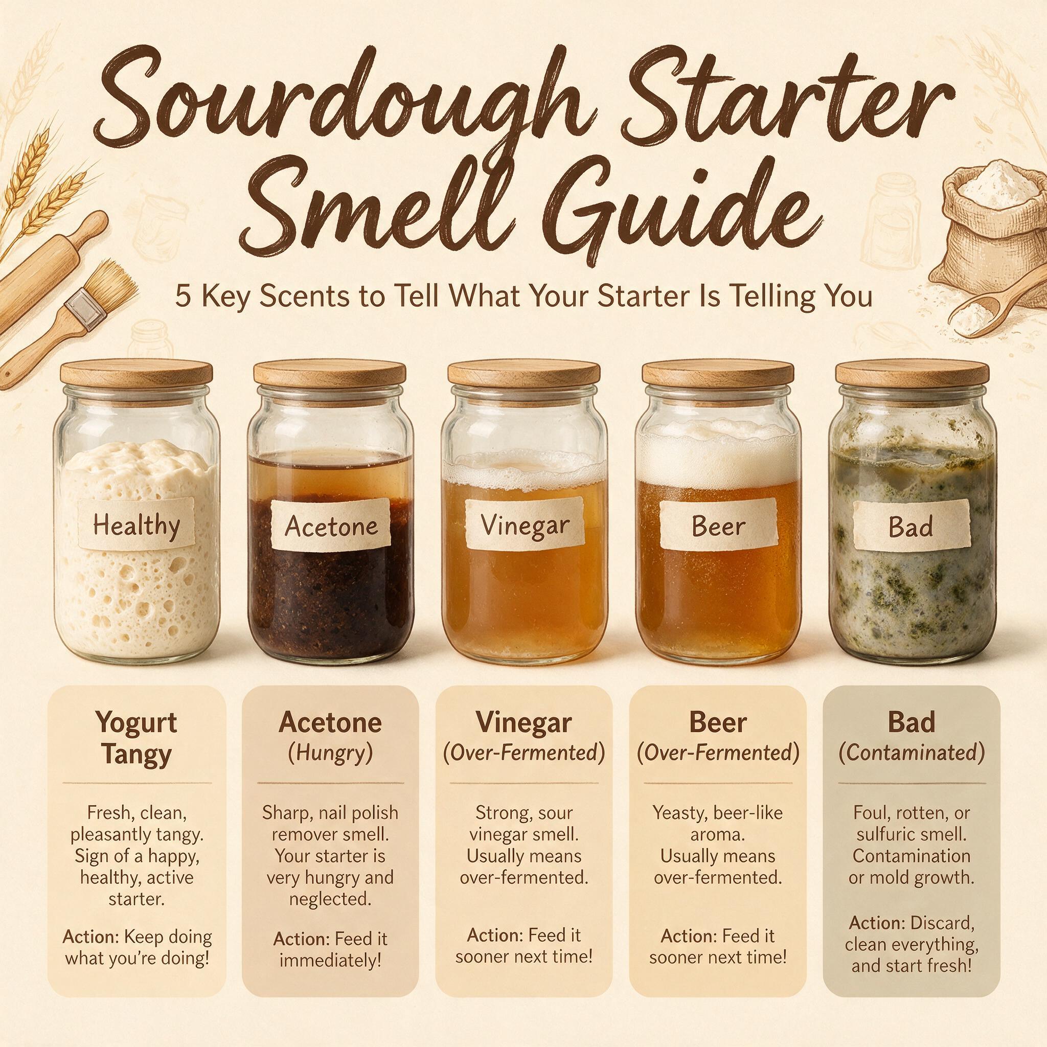 A simple smell guide infographic showing 5 small jars each labeled with a smell indicator: healthy (yogurt tangy), aceto