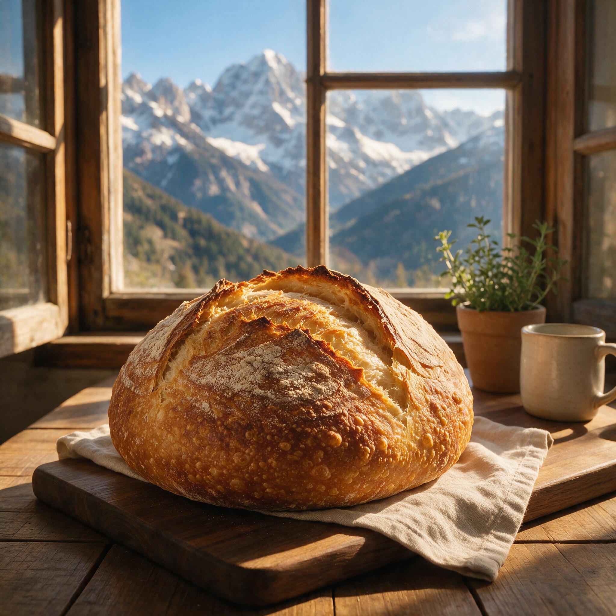 A photograph of a sourdough boule on a wooden board with a mountain landscape visible through a window behind it, the br