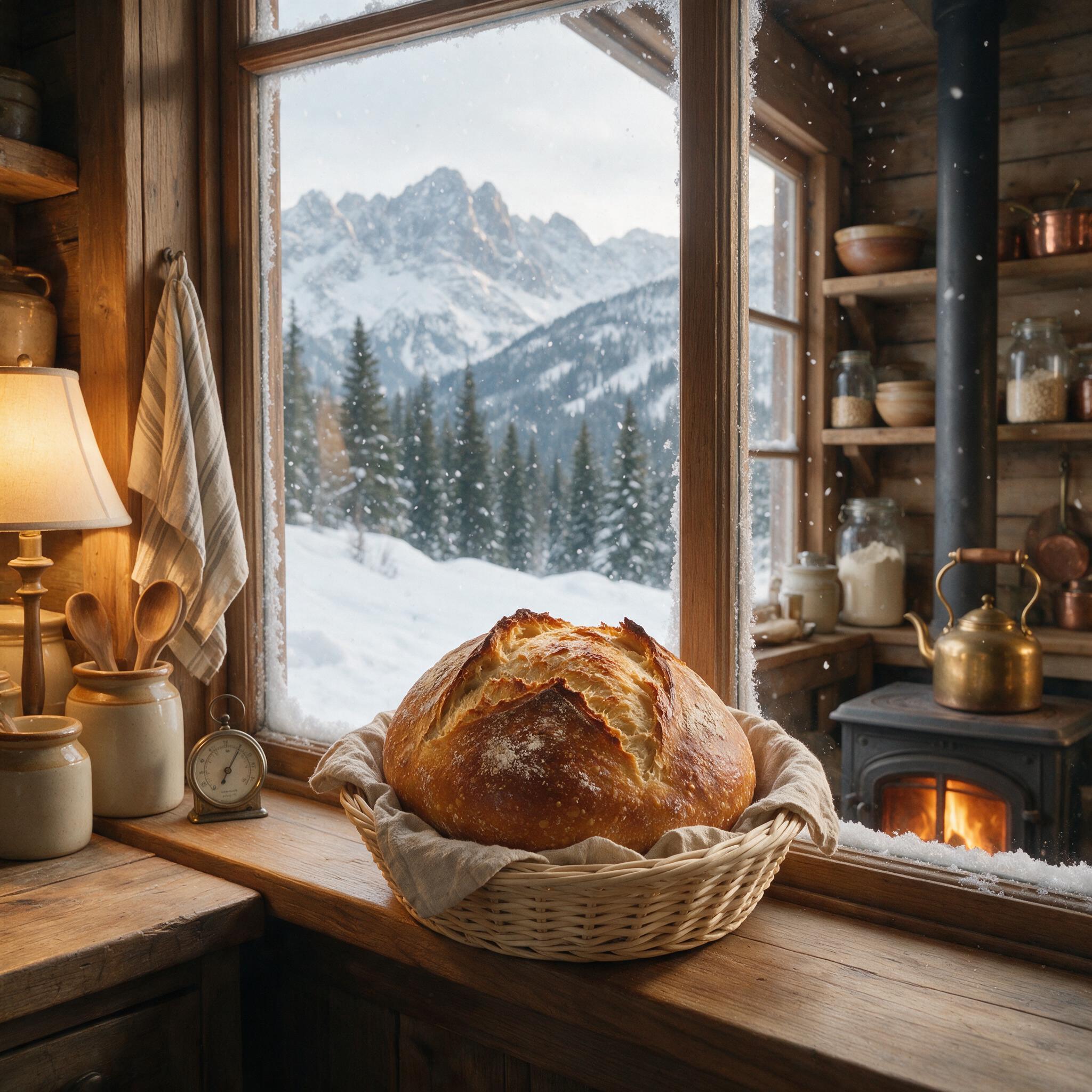 A photograph of a kitchen scene with a sourdough boule on a windowsill, mountains visible outside, a small thermometer o