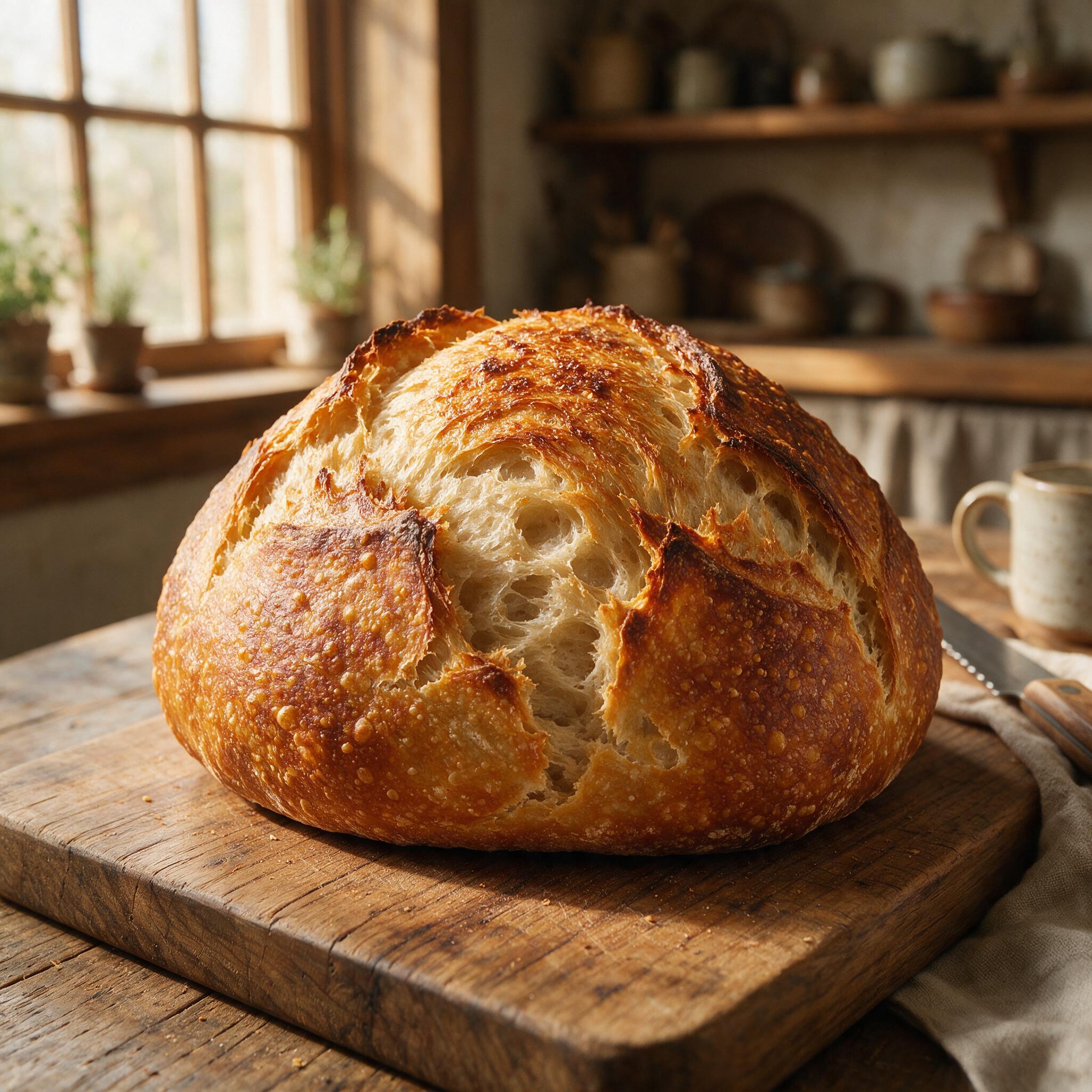 A close-up of a sourdough boule showing a deeply caramelized crust with dramatic oven spring, on a wooden board, warm li