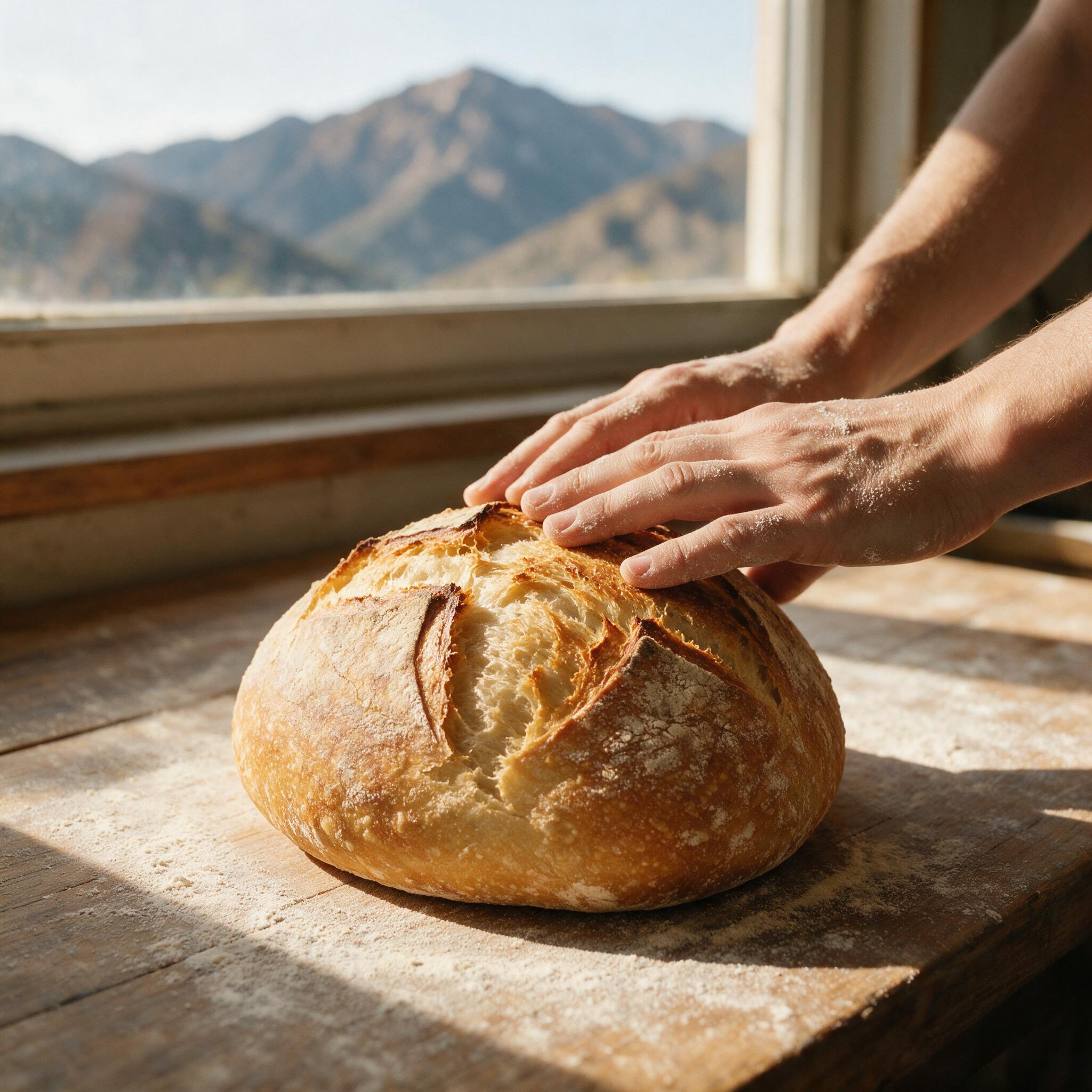A photograph of a baker's hands pressing a shaped sourdough boule on a floured counter, with mountains visible through a