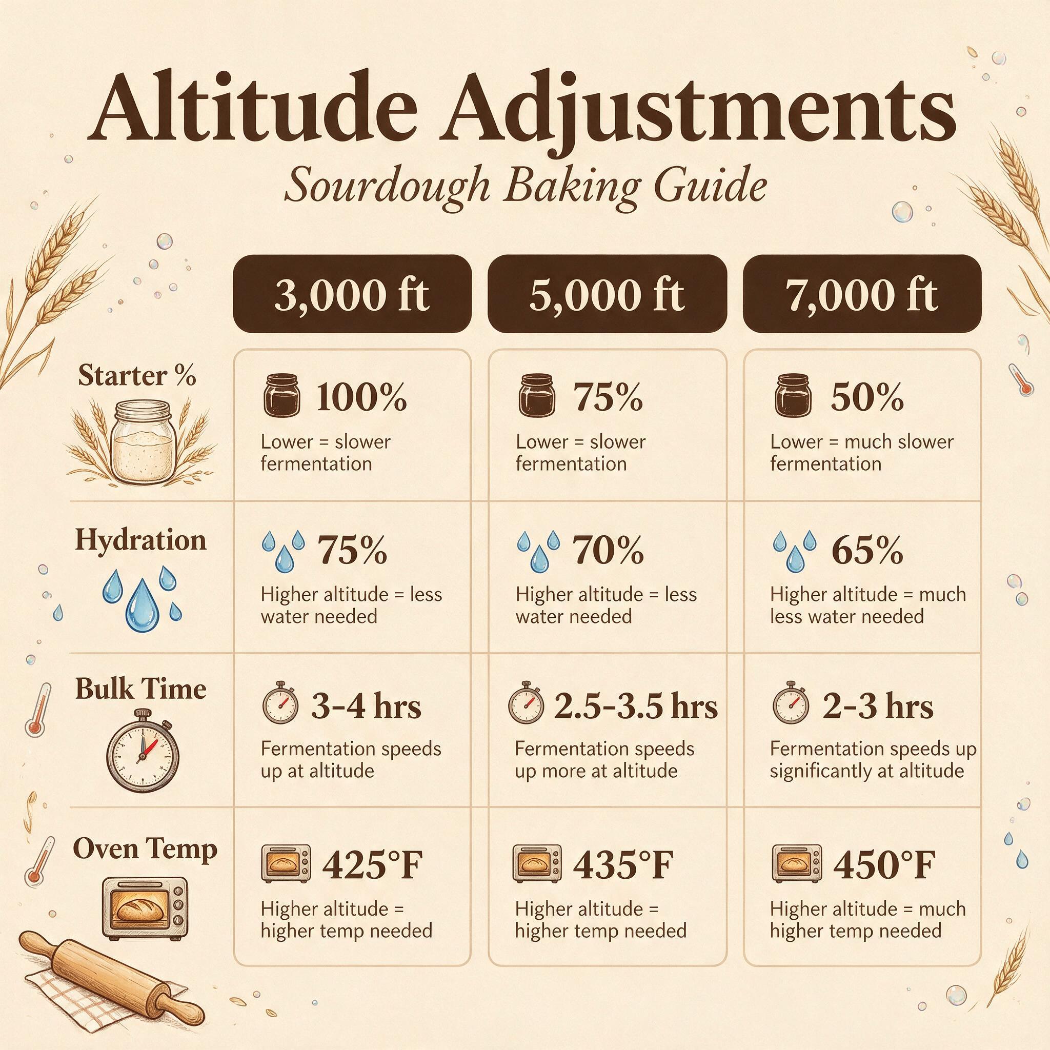 An infographic titled 'Altitude Adjustments' showing 3 elevation columns (3k, 5k, 7k feet) with rows: starter %, hydrati