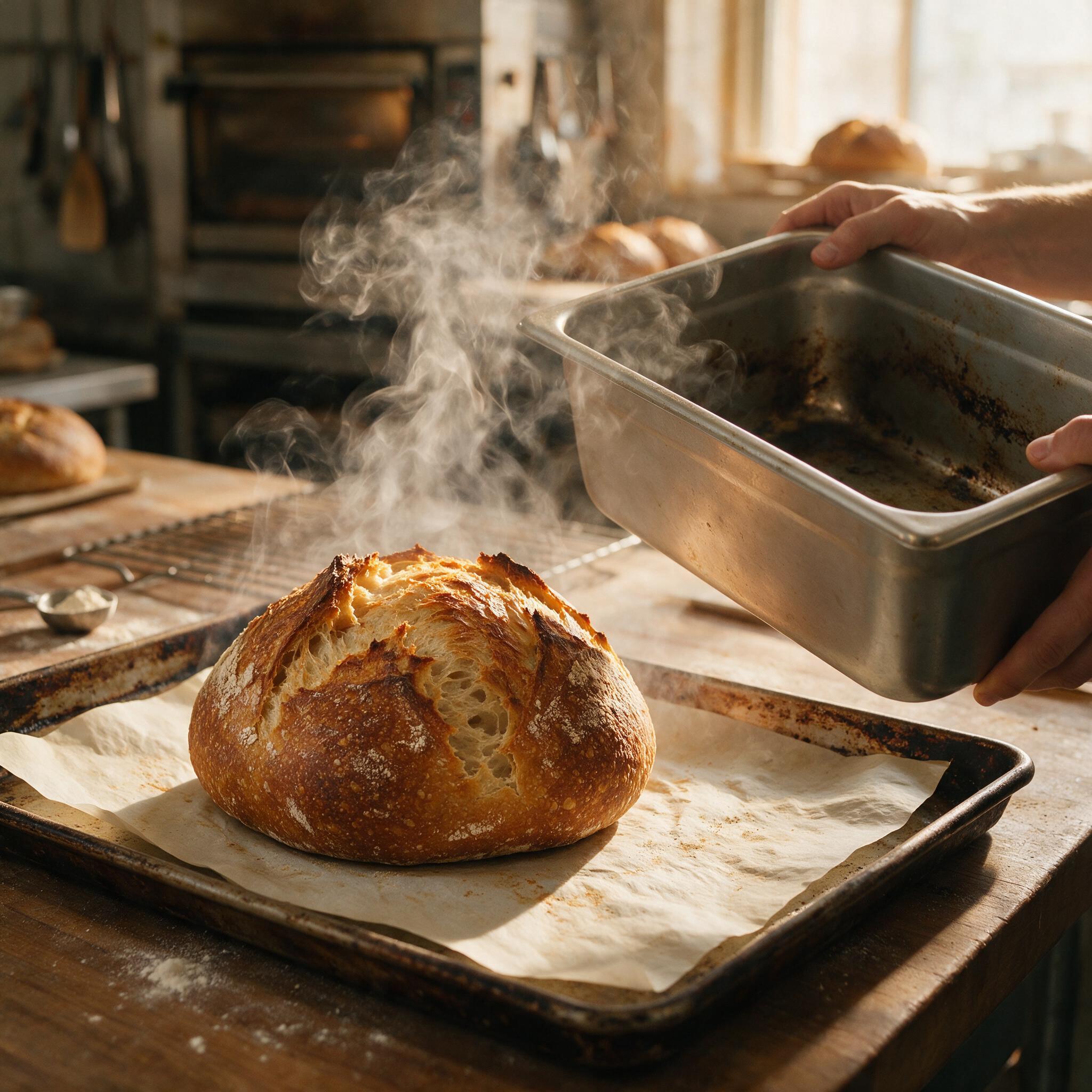 A photograph of a freshly baked sourdough boule next to a steaming hotel pan being lifted, on a baking sheet with parchm