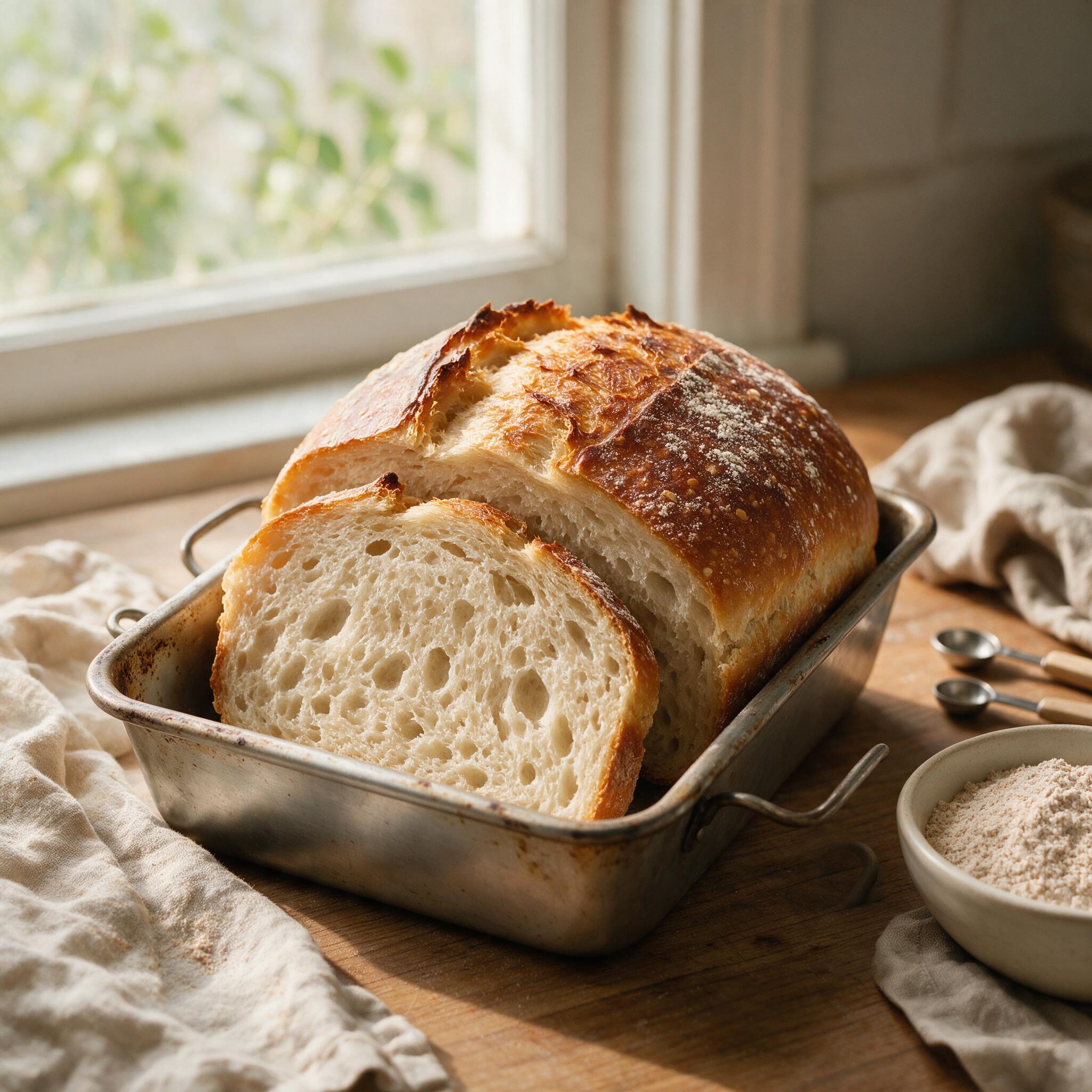 A photograph of a sourdough loaf baked in a metal loaf pan, the top showing a deep golden crust, the loaf sliced showing