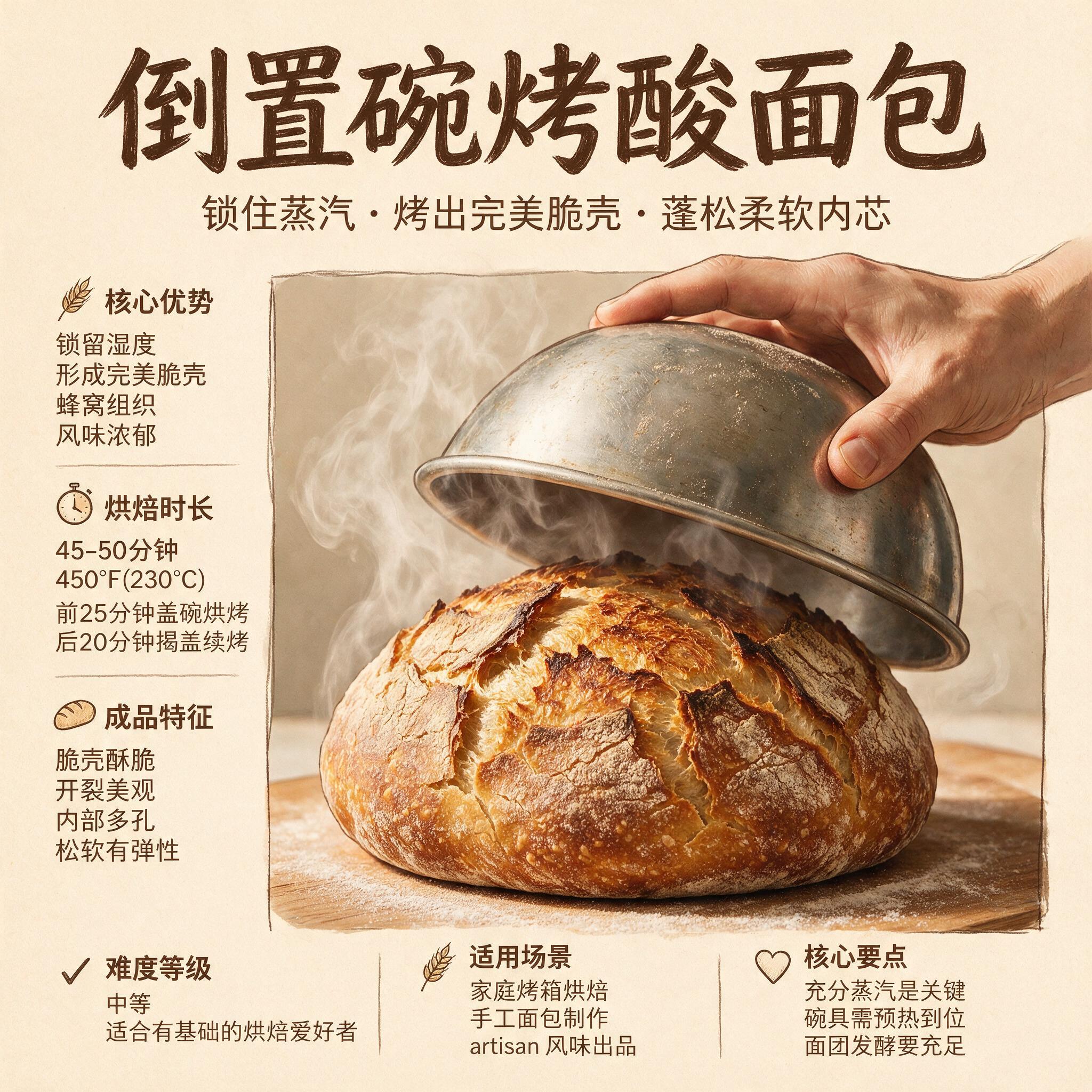 A close-up of a sourdough boule baked under an inverted metal bowl, the bowl being lifted to reveal the steam, the bread
