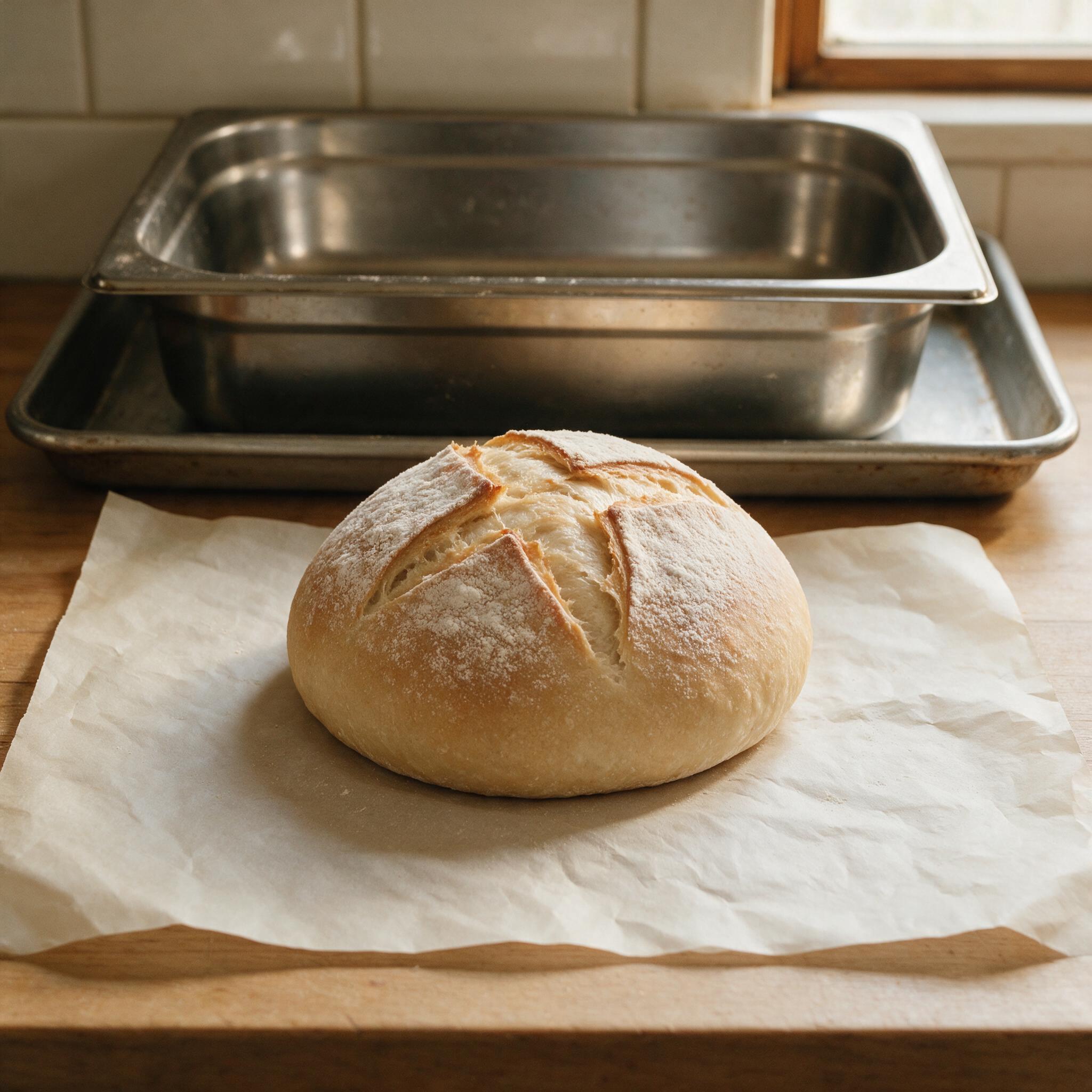 A photograph of a sourdough boule on a parchment sheet ready to be baked, with a hotel pan and sheet pan setup in the ba