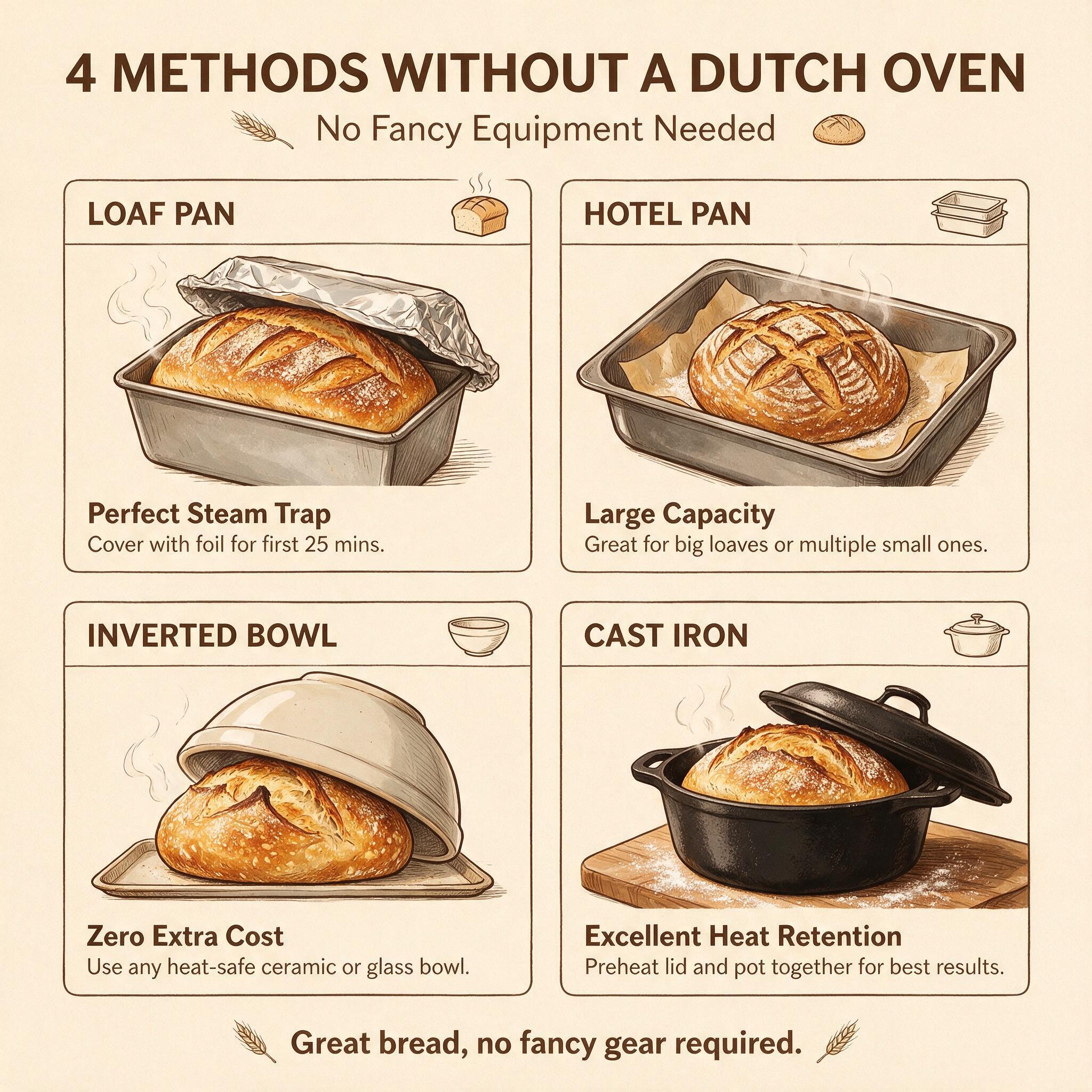 An infographic titled '4 Methods Without a Dutch Oven' showing 4 illustrated methods: Loaf Pan, Hotel Pan, Inverted Bowl