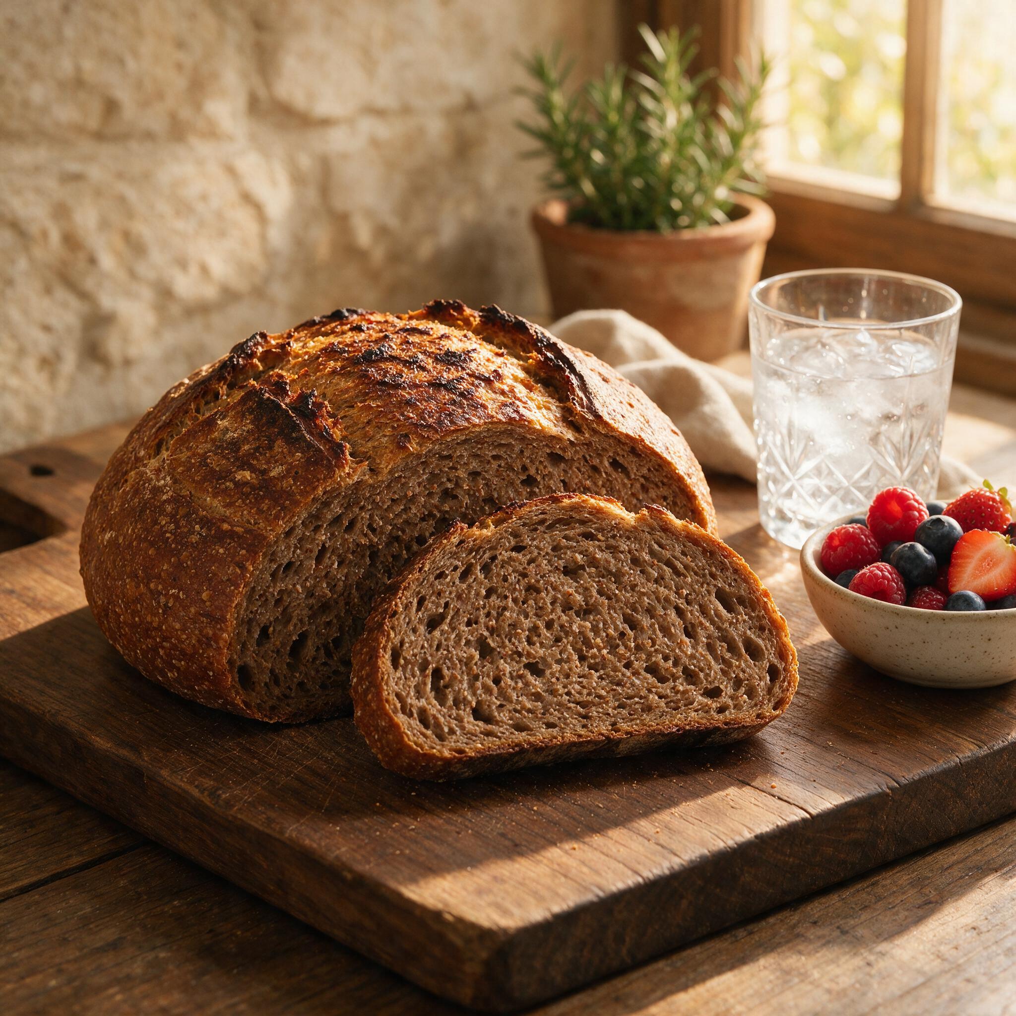 A still life of a sliced 100% whole wheat sourdough loaf on a wooden board, the crumb dense and dark, with a small bowl 