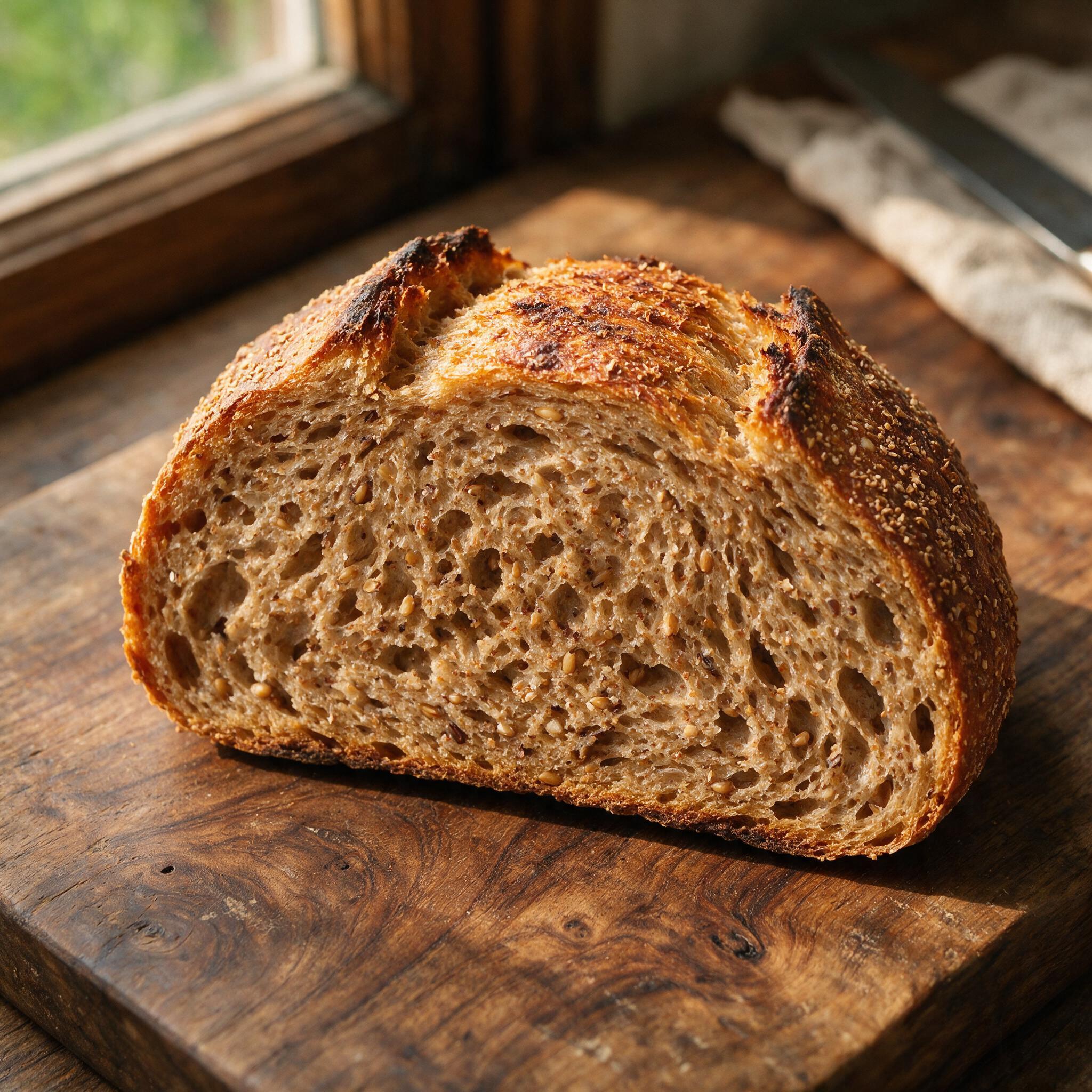 A close-up of a 100% whole wheat sourdough slice showing the dense, fiber-rich crumb, on a wooden board, warm light, edi