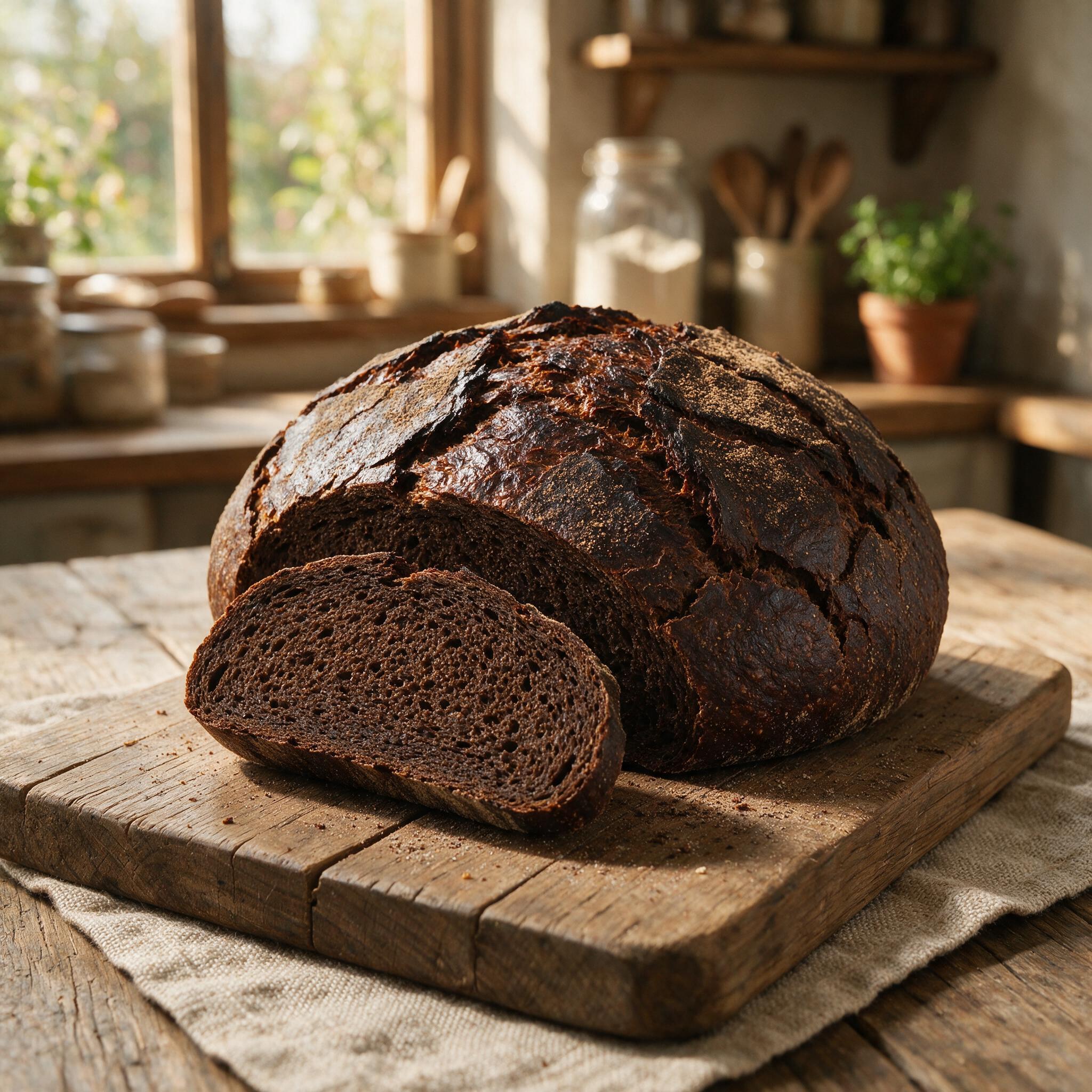 A photograph of a dark 100% rye sourdough loaf with cracked crust, sliced on a wooden board showing the dense almost-bla