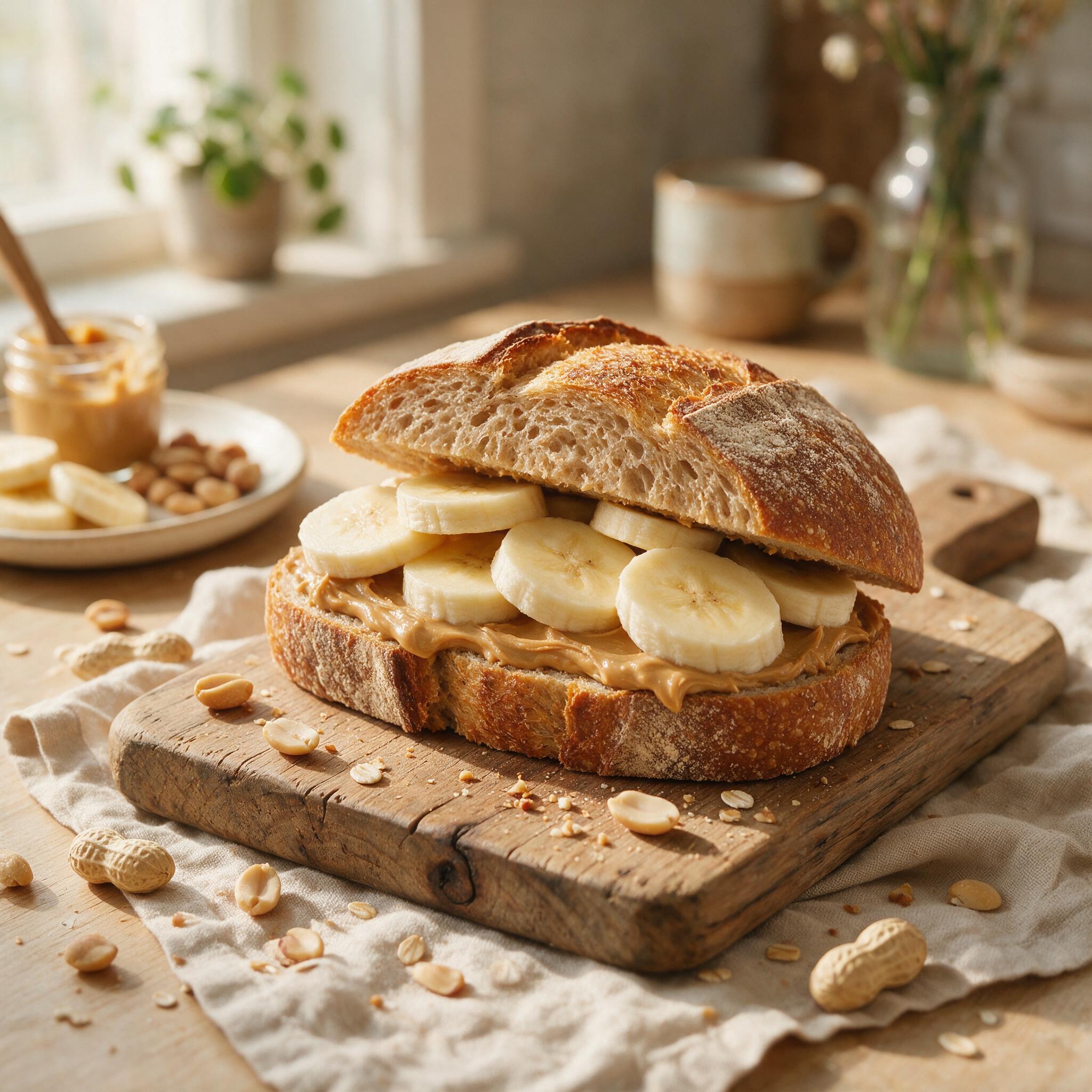 A photograph of a sourdough sandwich made with whole wheat sourdough, peanut butter and banana slices visible, on a wood