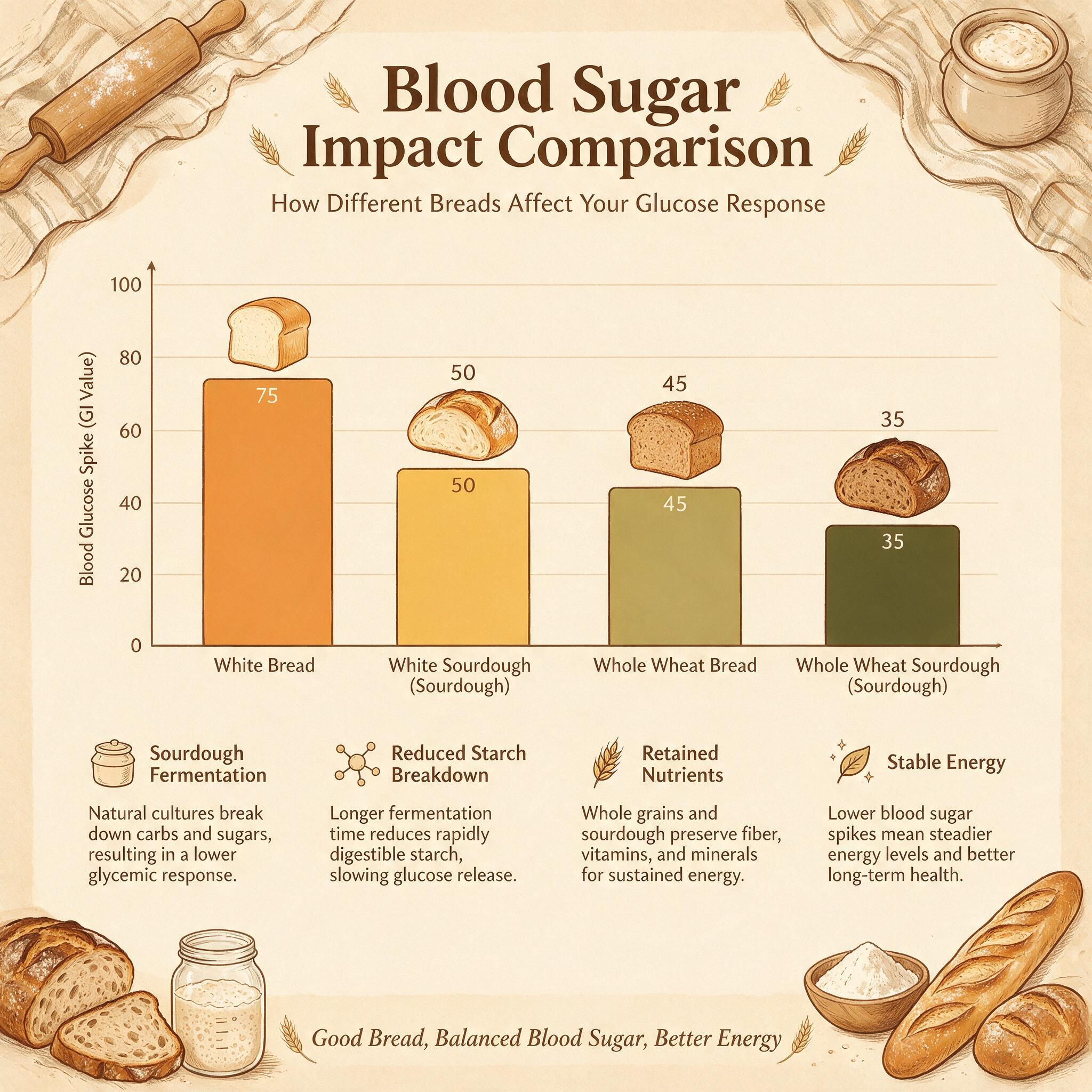 An infographic titled 'Blood Sugar Impact Comparison' showing 4 bars: White Bread (high spike), White Sourdough (lower),