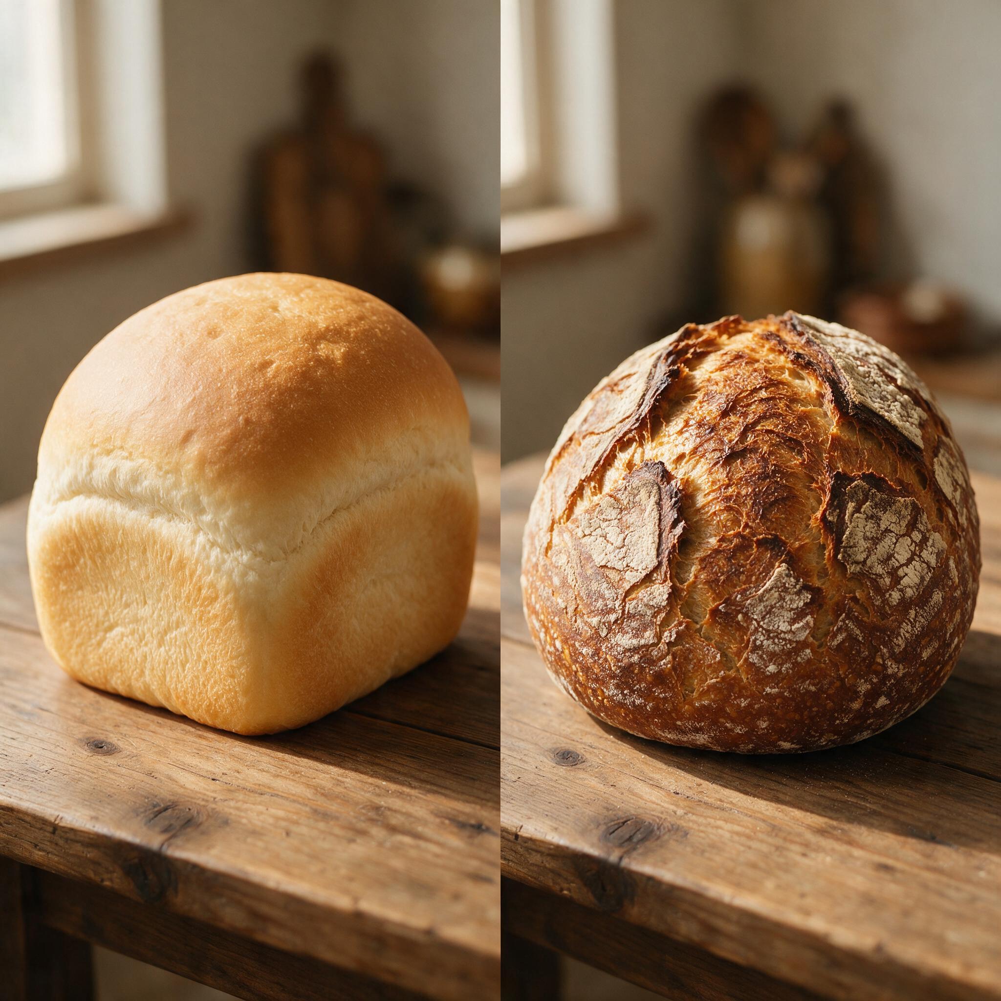 A split photograph: left side a yeasted white bread with a soft pale crust, right side a sourdough boule with a deep cra