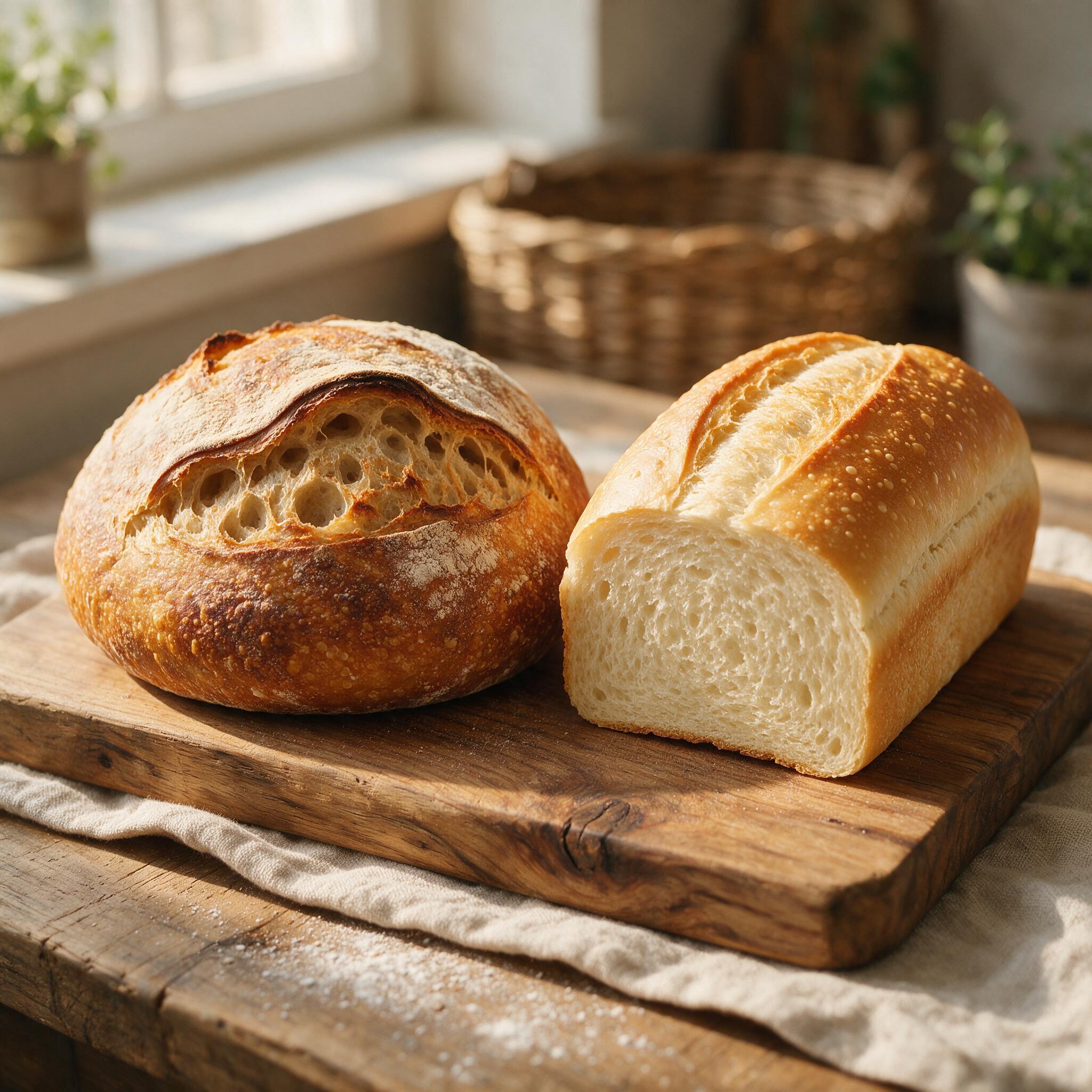A photograph of a sourdough boule and a yeasted white loaf side by side on a wooden board, showing the visual difference