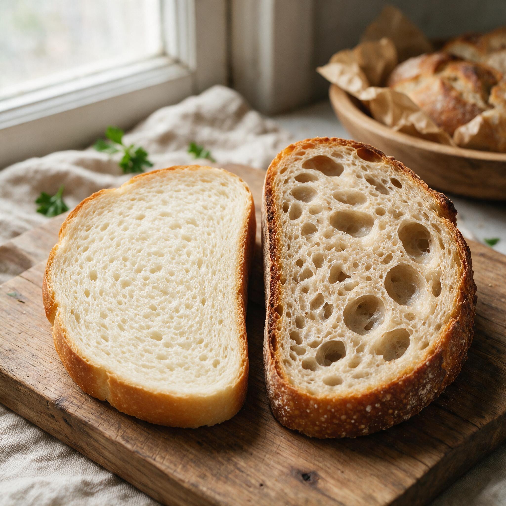 A close-up of the crumb comparison: a yeasted white bread slice (uniform small holes) next to a sourdough slice (irregul