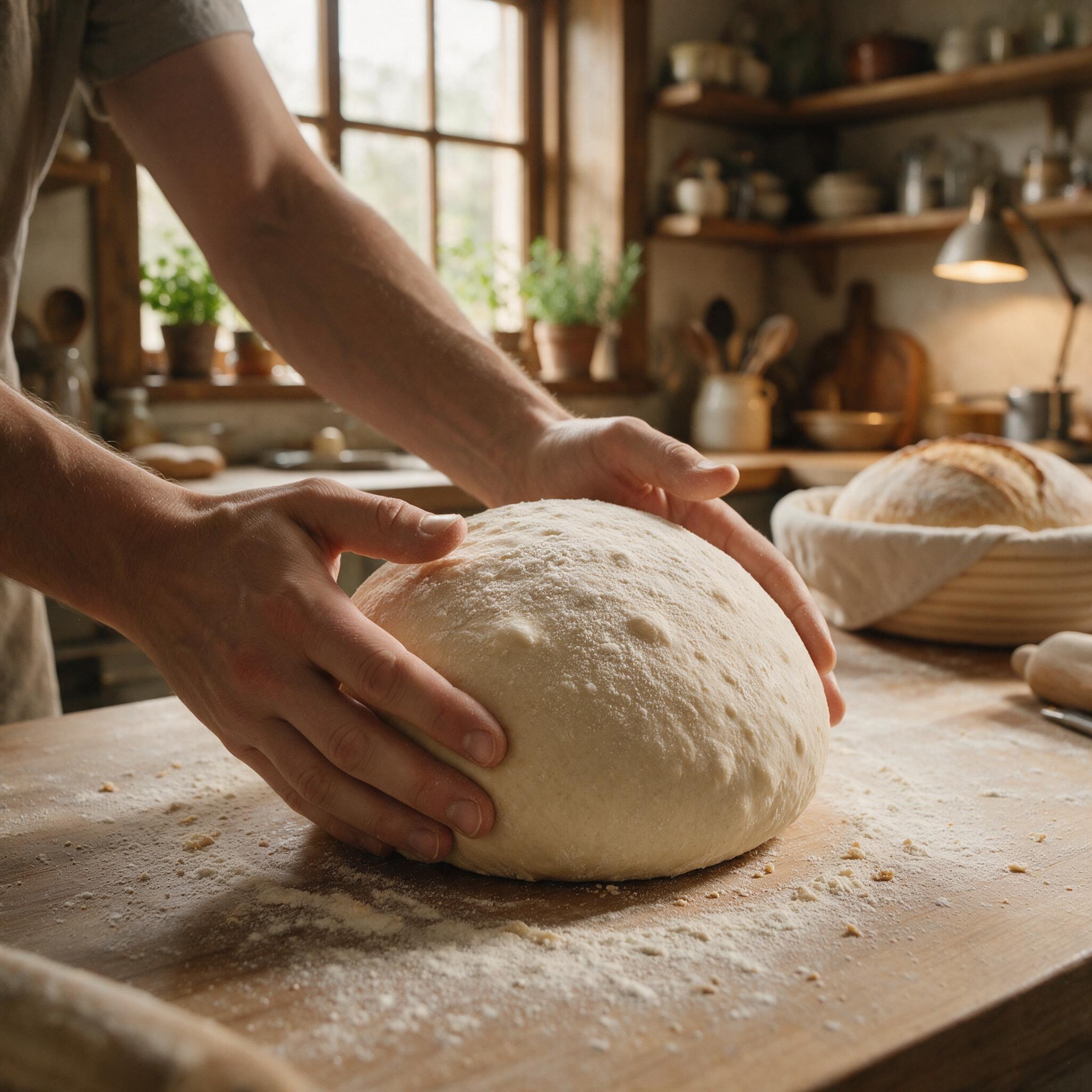 A photograph of a baker's hands shaping a sourdough boule on a floured wooden counter, warm kitchen light, action shot, 