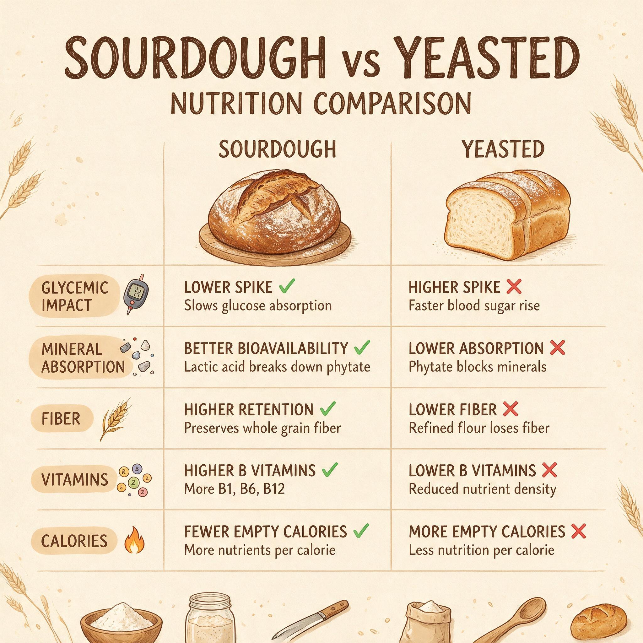 A simple comparison table infographic showing Sourdough vs Yeasted across rows: glycemic impact, mineral absorption, fib