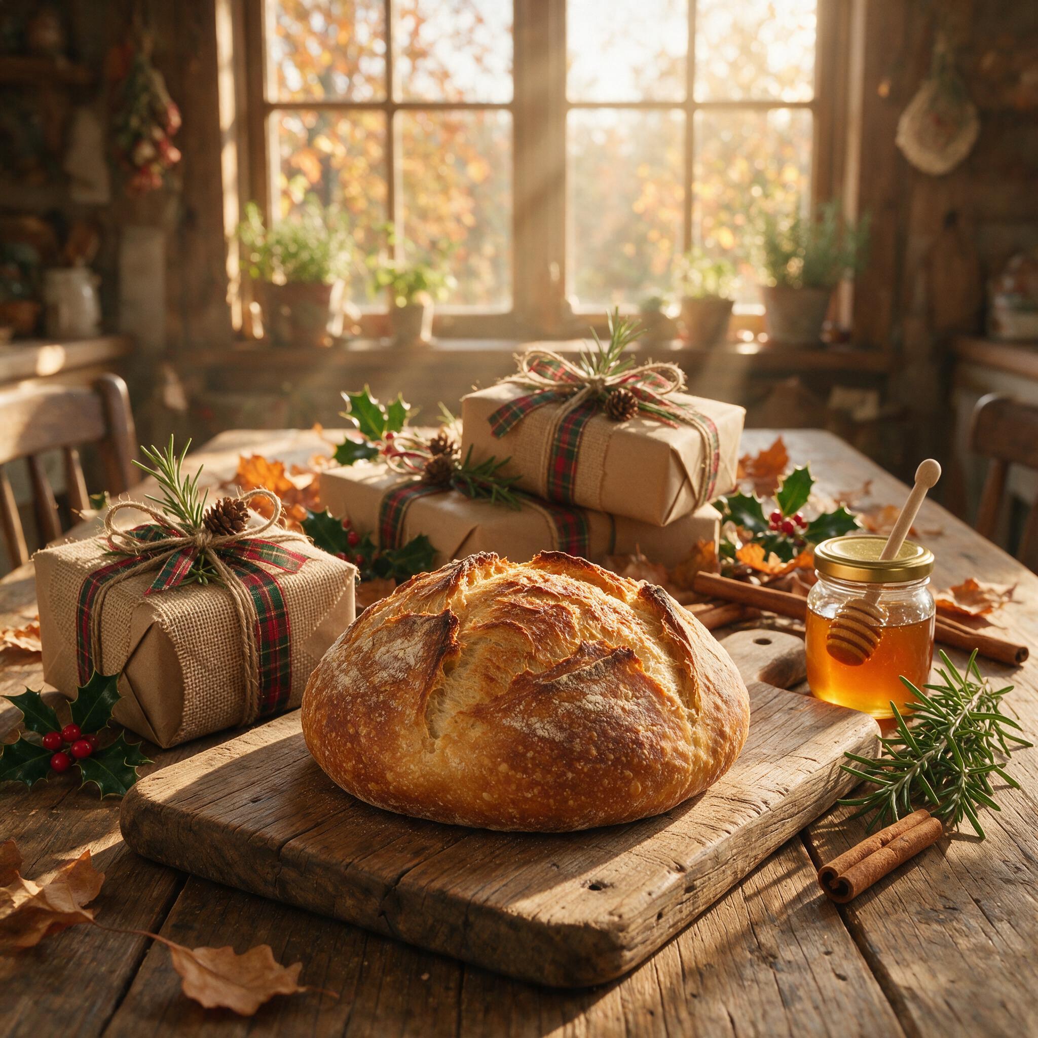 A warm holiday photograph of a sourdough boule on a wooden board surrounded by gift wrapping, a sprig of rosemary, and a