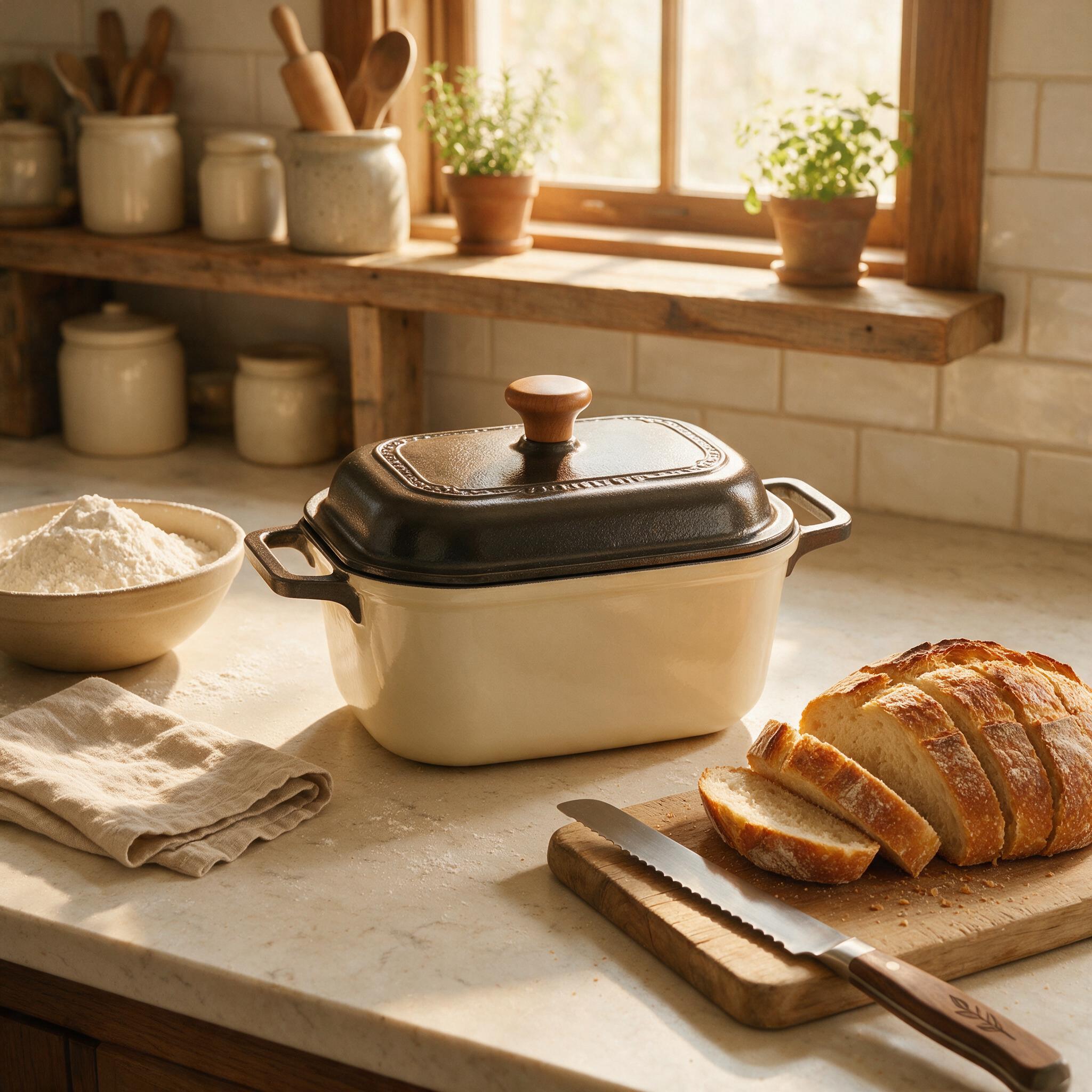 A photograph of a beautiful Challenger Bread Pan or similar home baker's tool on a kitchen counter, warm light, editoria
