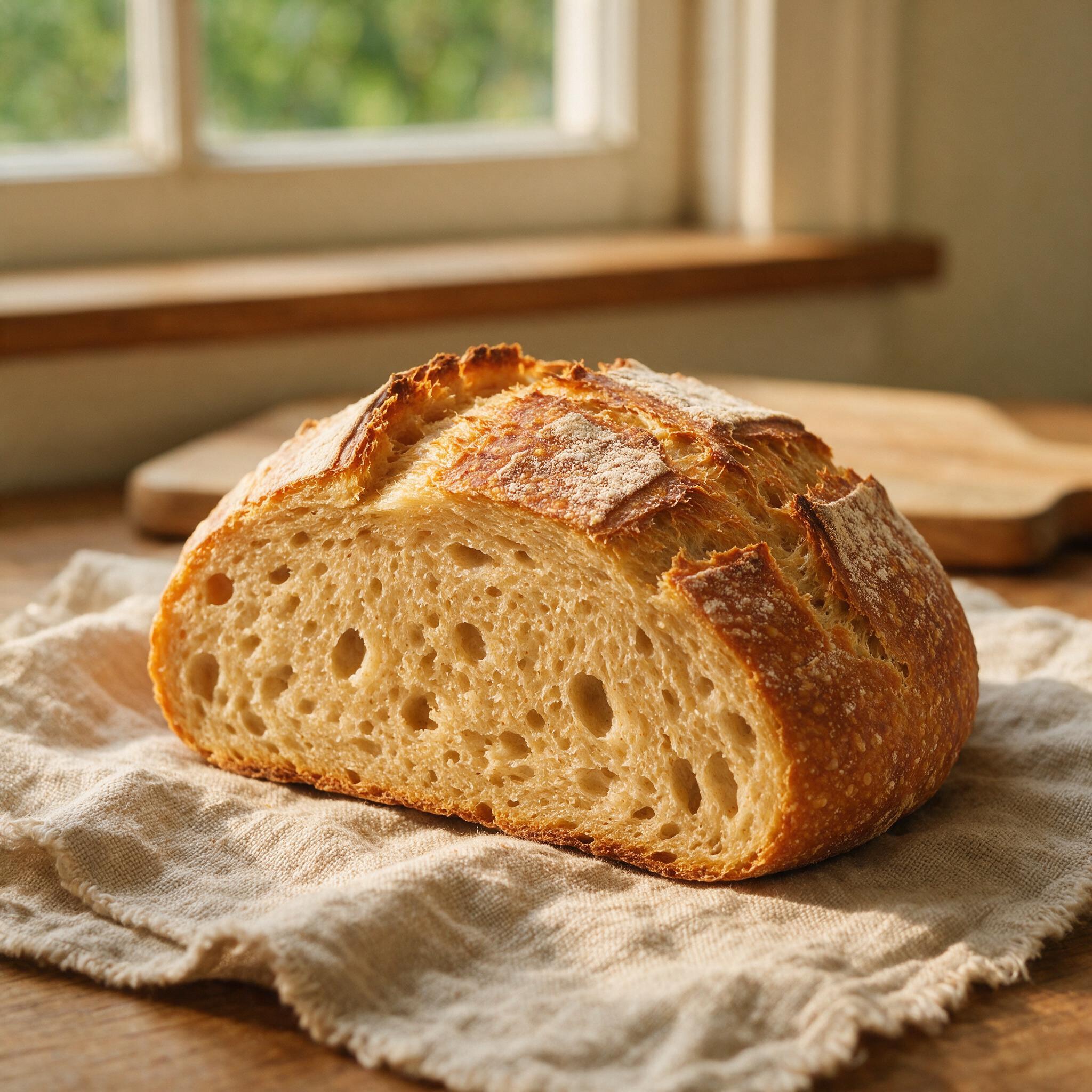 A close-up of sourdough bread made with einkorn flour, showing the slightly golden crumb and the distinctive nutty color