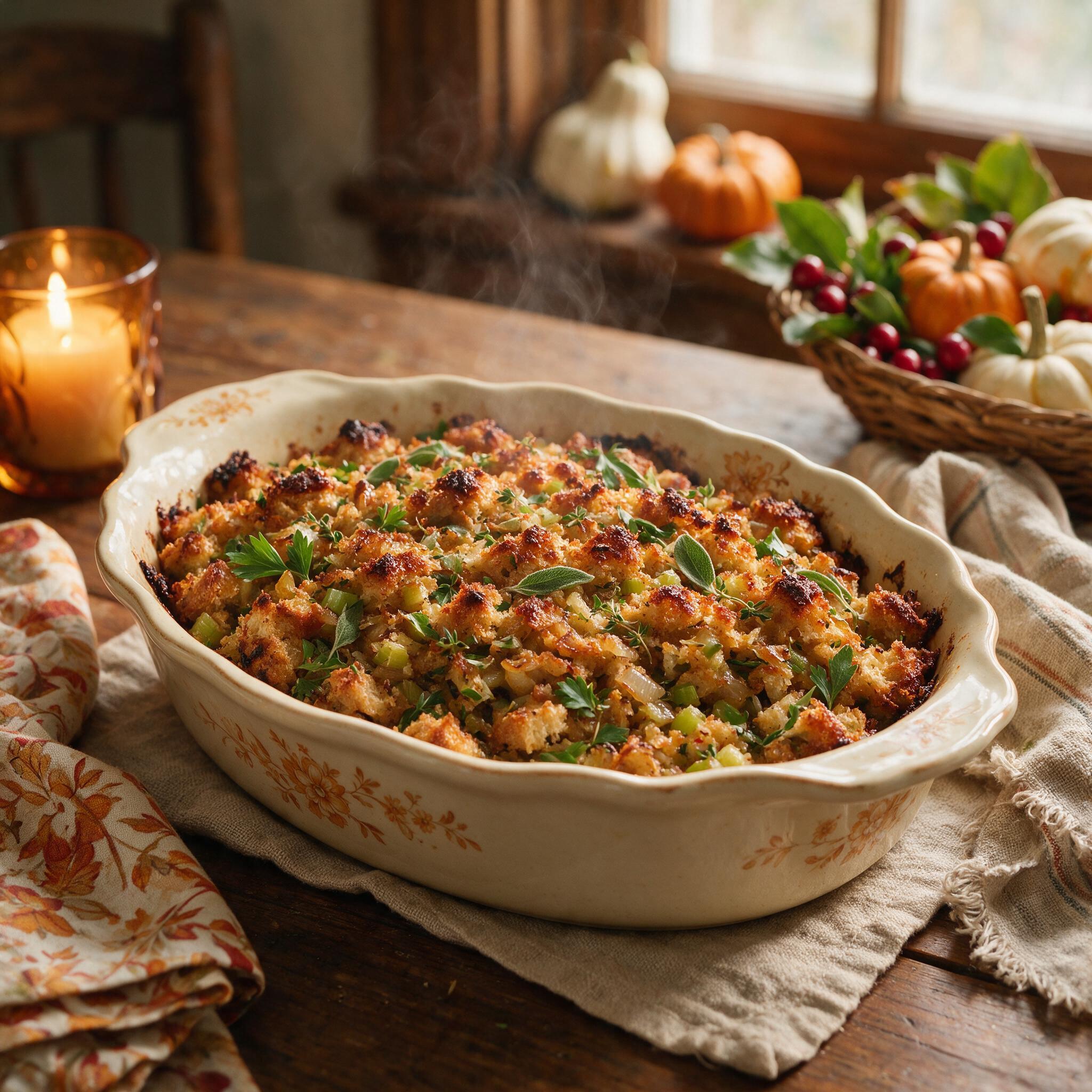 A photograph of Thanksgiving stuffing in a ceramic baking dish, golden brown on top with crispy edges, herbs visible, wa