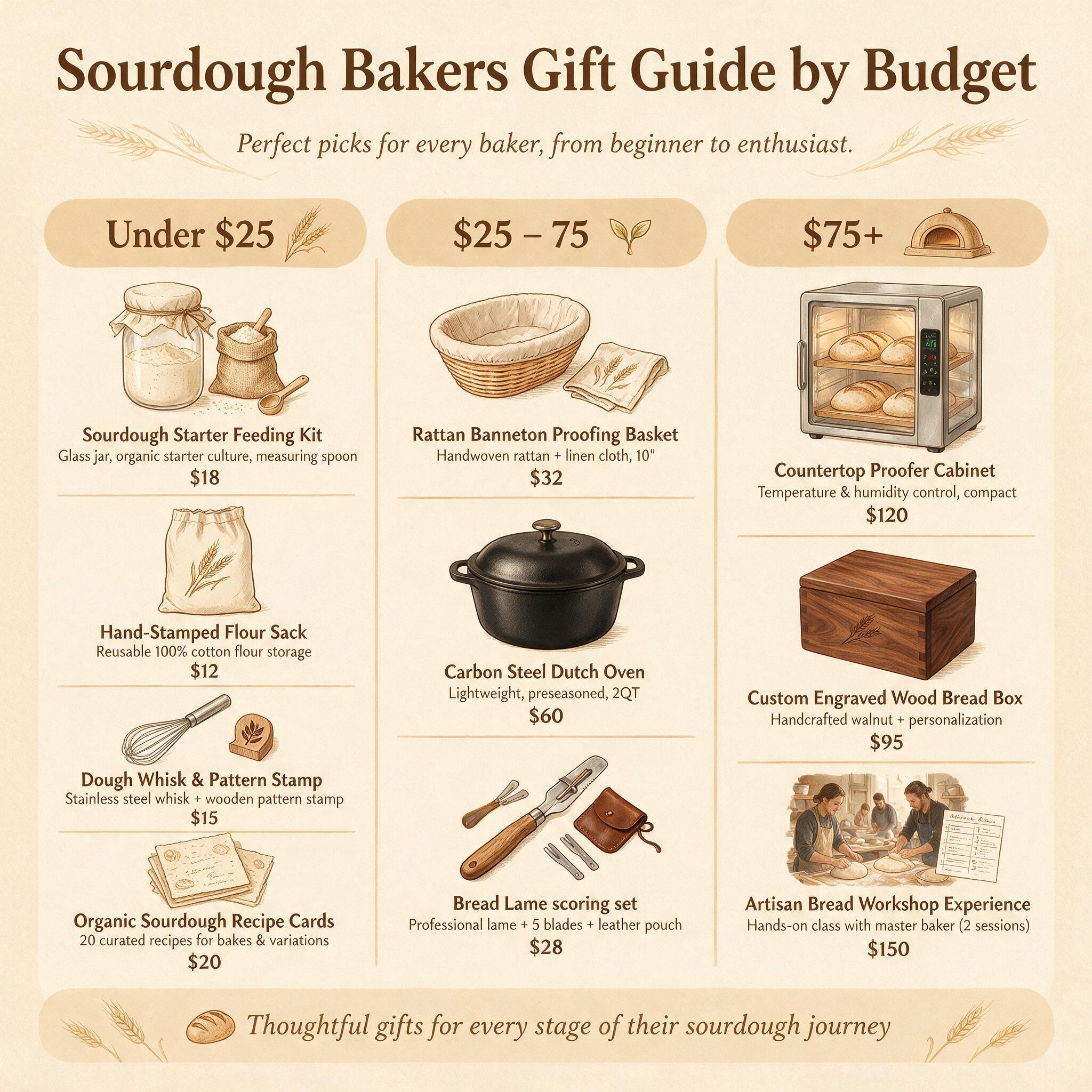 An infographic titled 'Sourdough Bakers Gift Guide by Budget' showing 3 columns (Under $25, $25-75, $75+) with 3-4 items